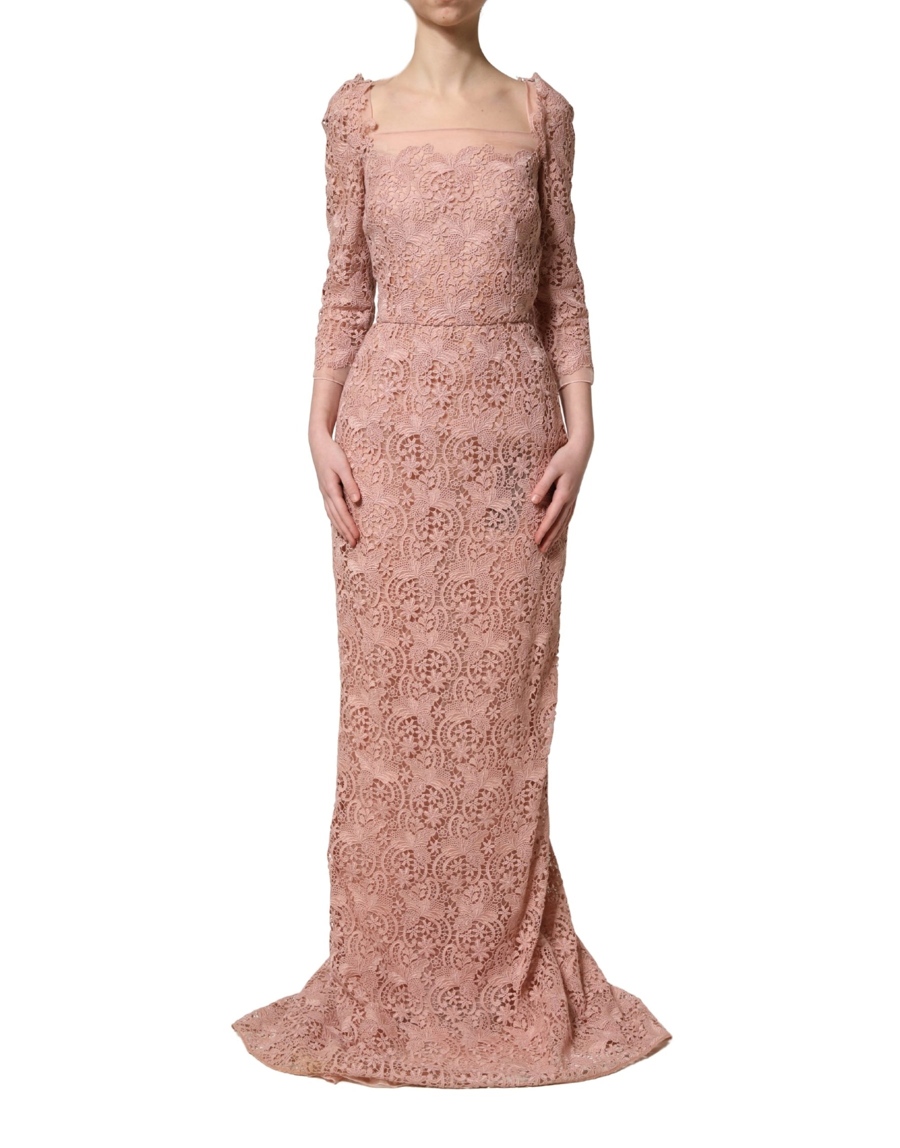 Dolce & Gabbana Pink Lace Long-Sleeved Evening Gown Dress | Regal Royce