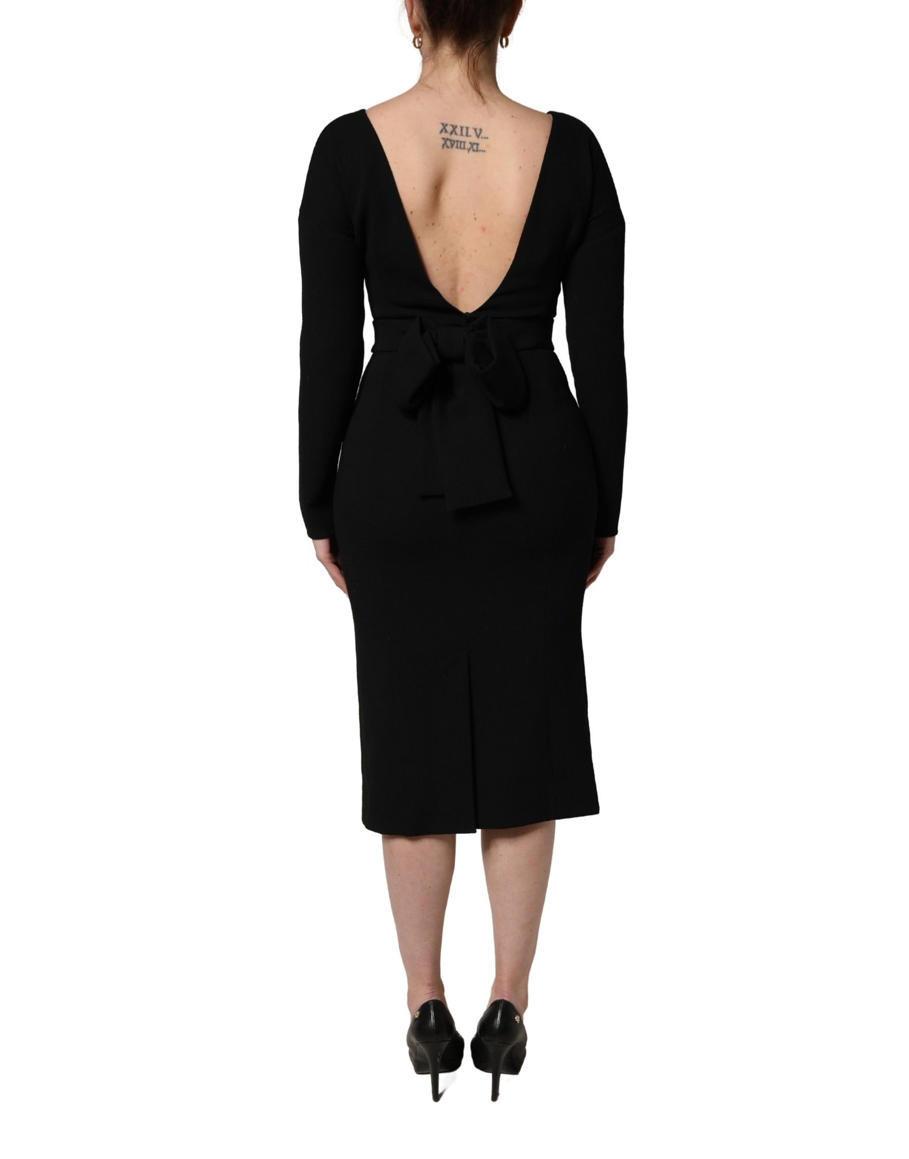 Dolce & Gabbana Black Wool Crepe Long Sleeves Midi Dress | Regal Royce