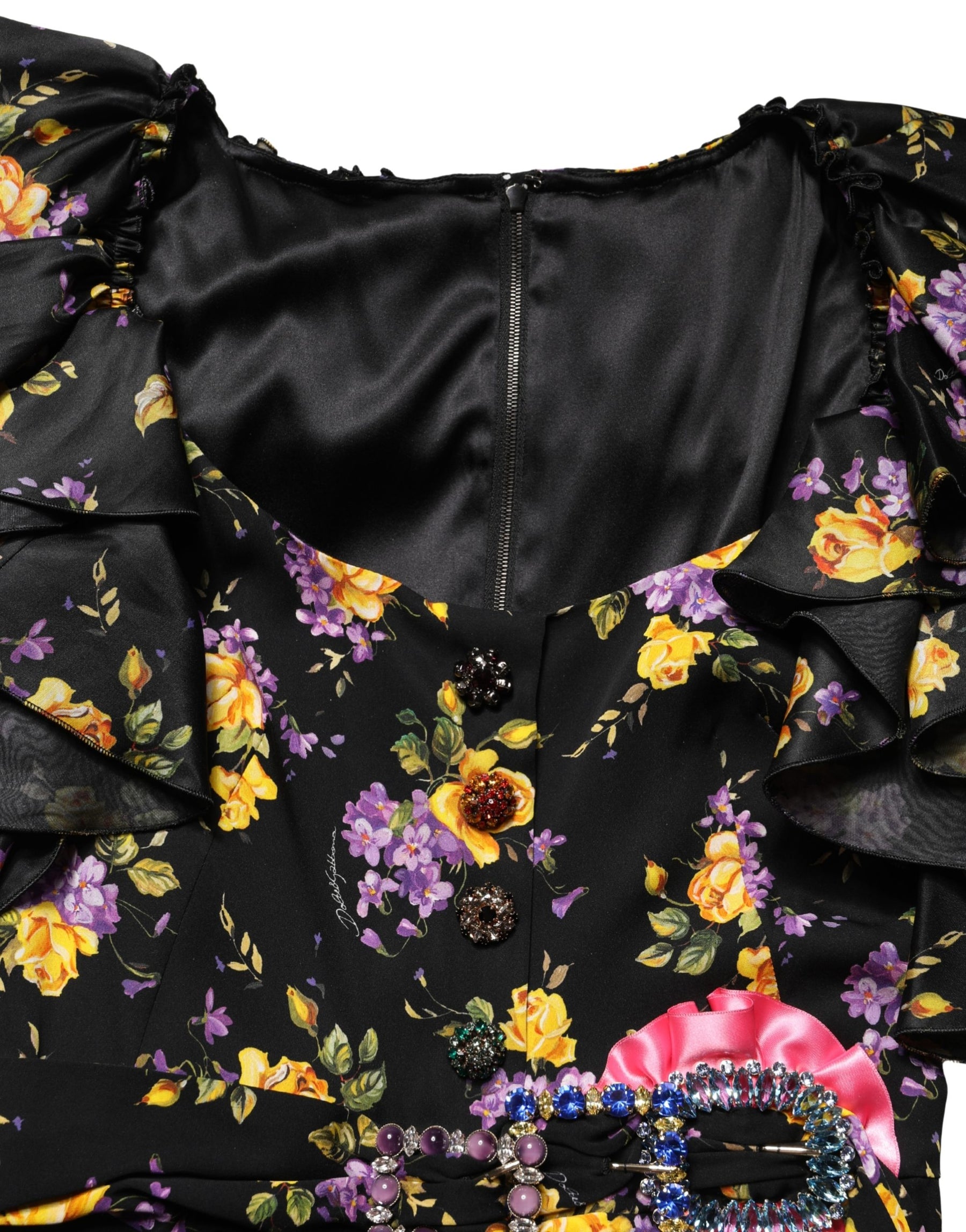 Dolce & Gabbana Black Purple Crystal Brooch Silk Midi Dress | Regal Royce