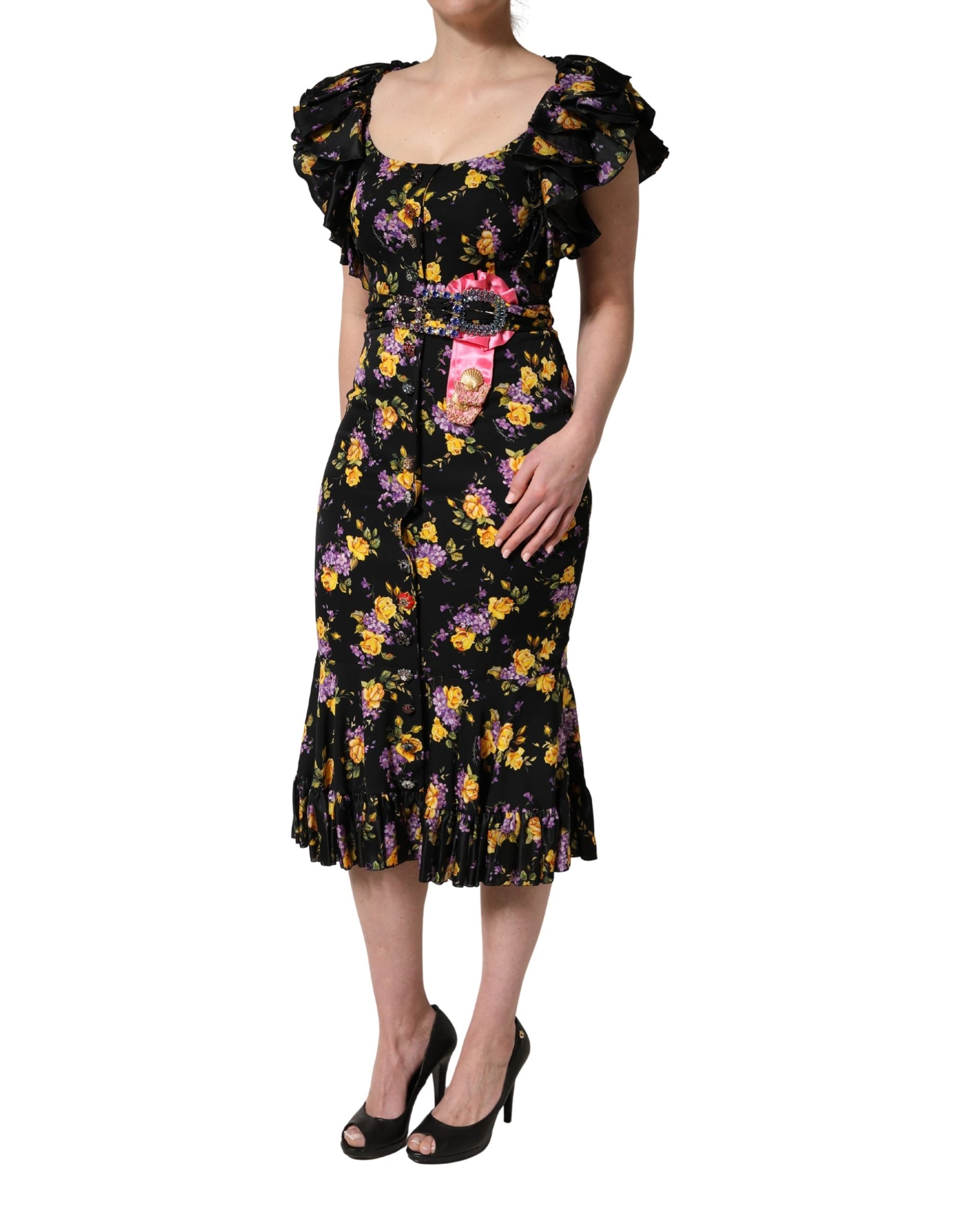 Dolce & Gabbana Black Purple Crystal Brooch Silk Midi Dress | Regal Royce