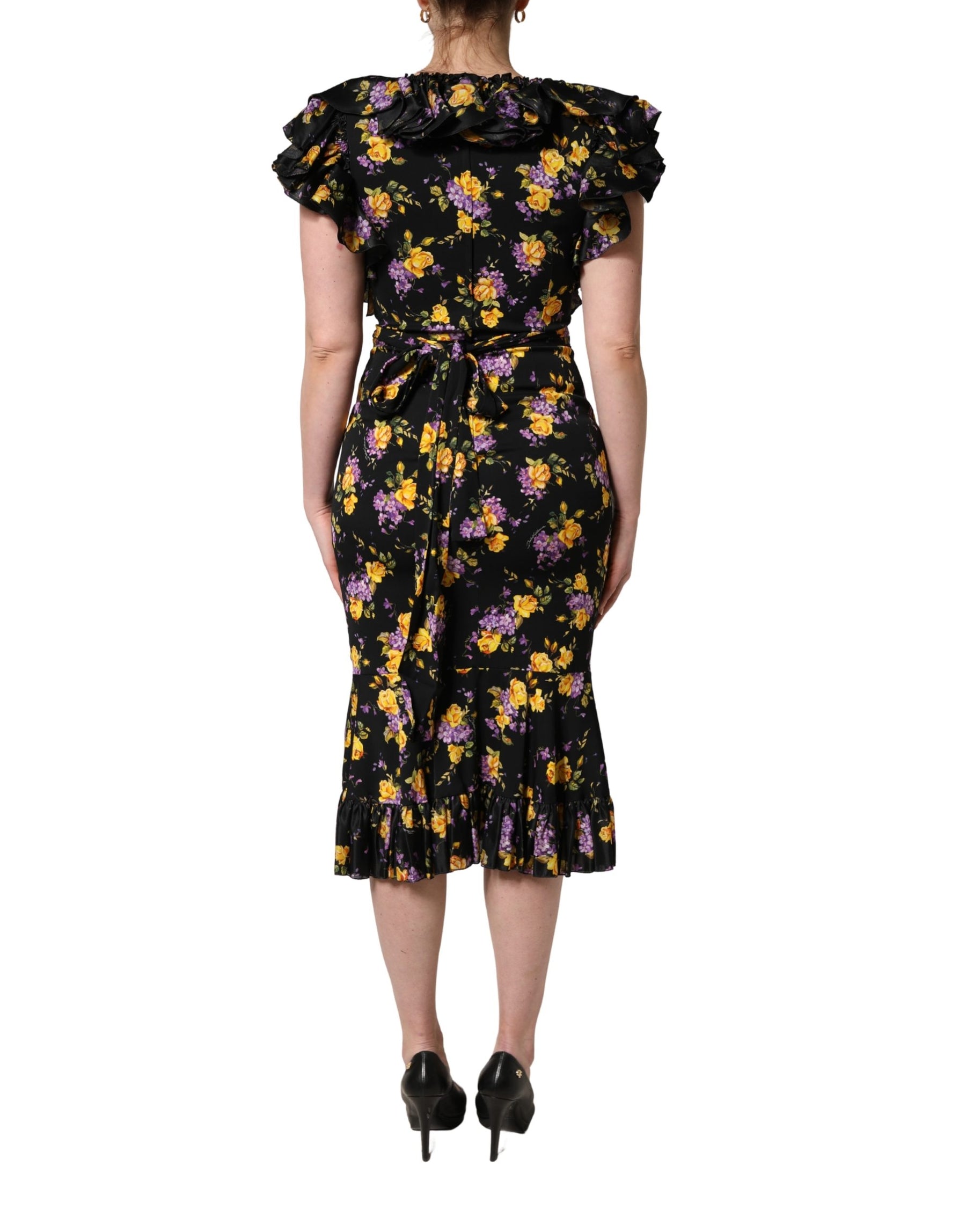 Dolce & Gabbana Black Purple Crystal Brooch Silk Midi Dress | Regal Royce