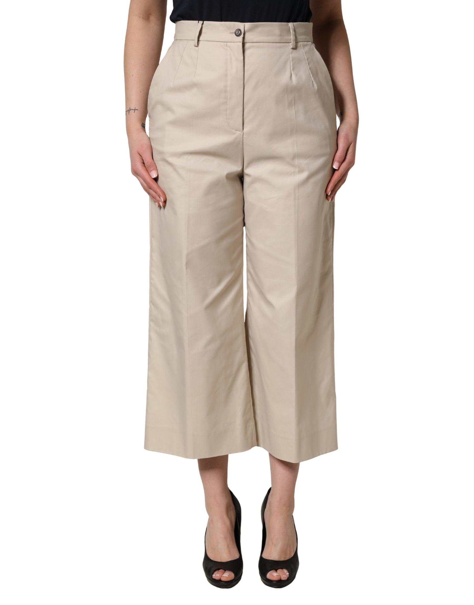 Dolce & Gabbana Beige Cotton Mid Waist Cropped Trouser Pants | Regal Royce