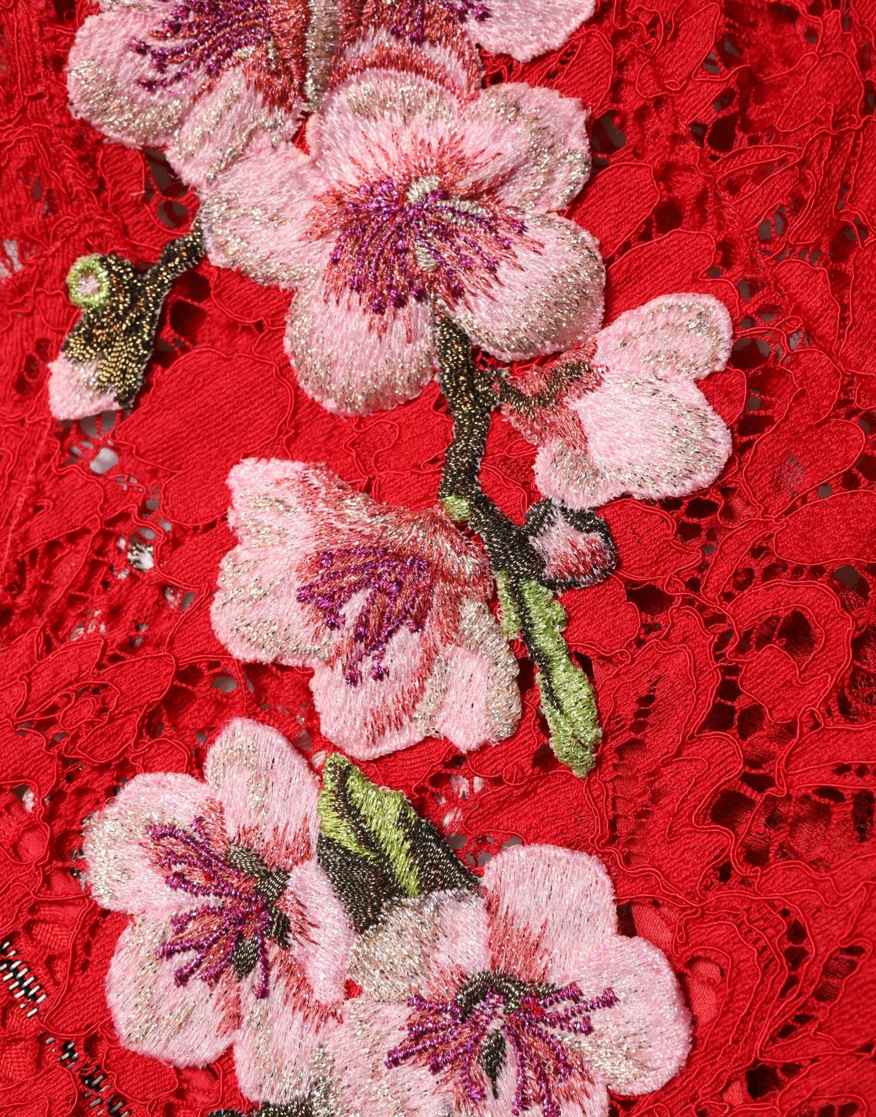 Dolce & Gabbana Red Lace Floral Embroidery Long Sleeves Top | Regal Royce