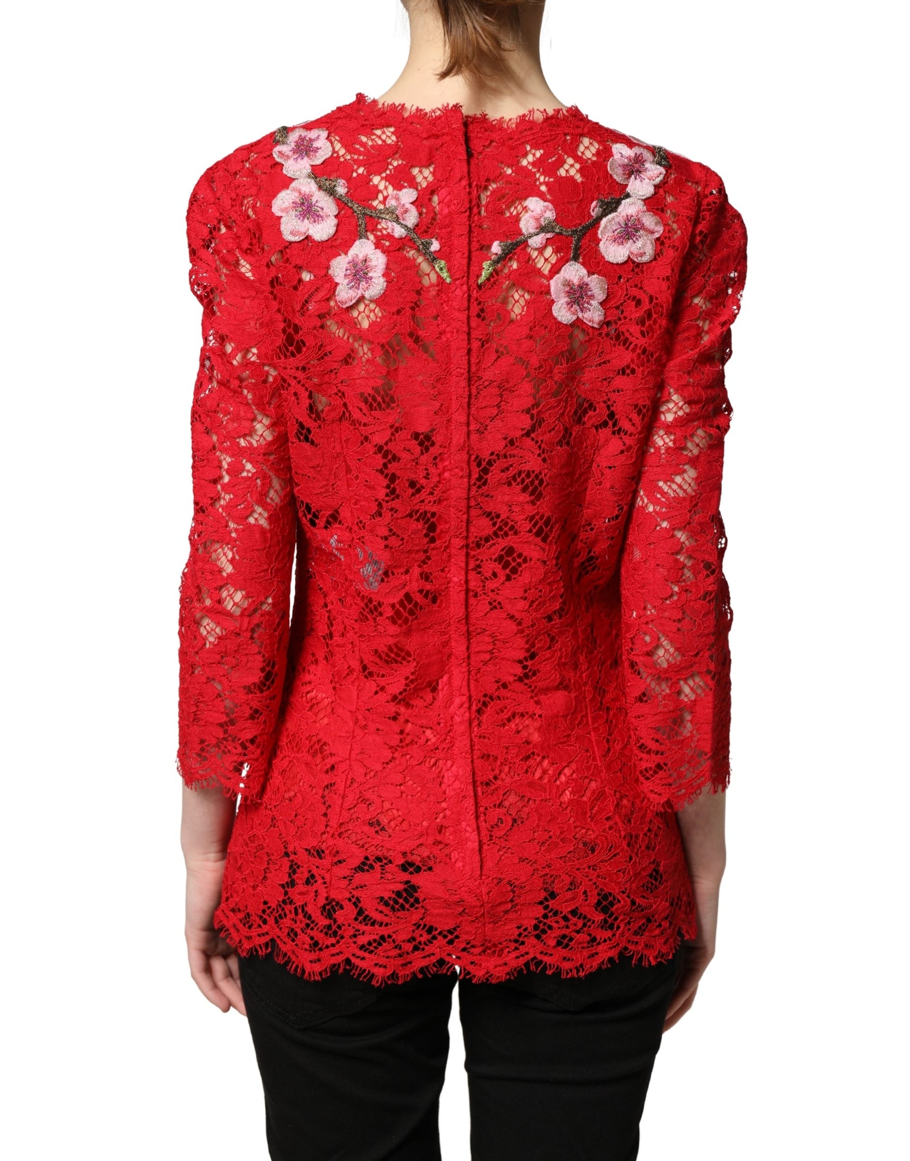 Dolce & Gabbana Red Lace Floral Embroidery Long Sleeves Top | Regal Royce