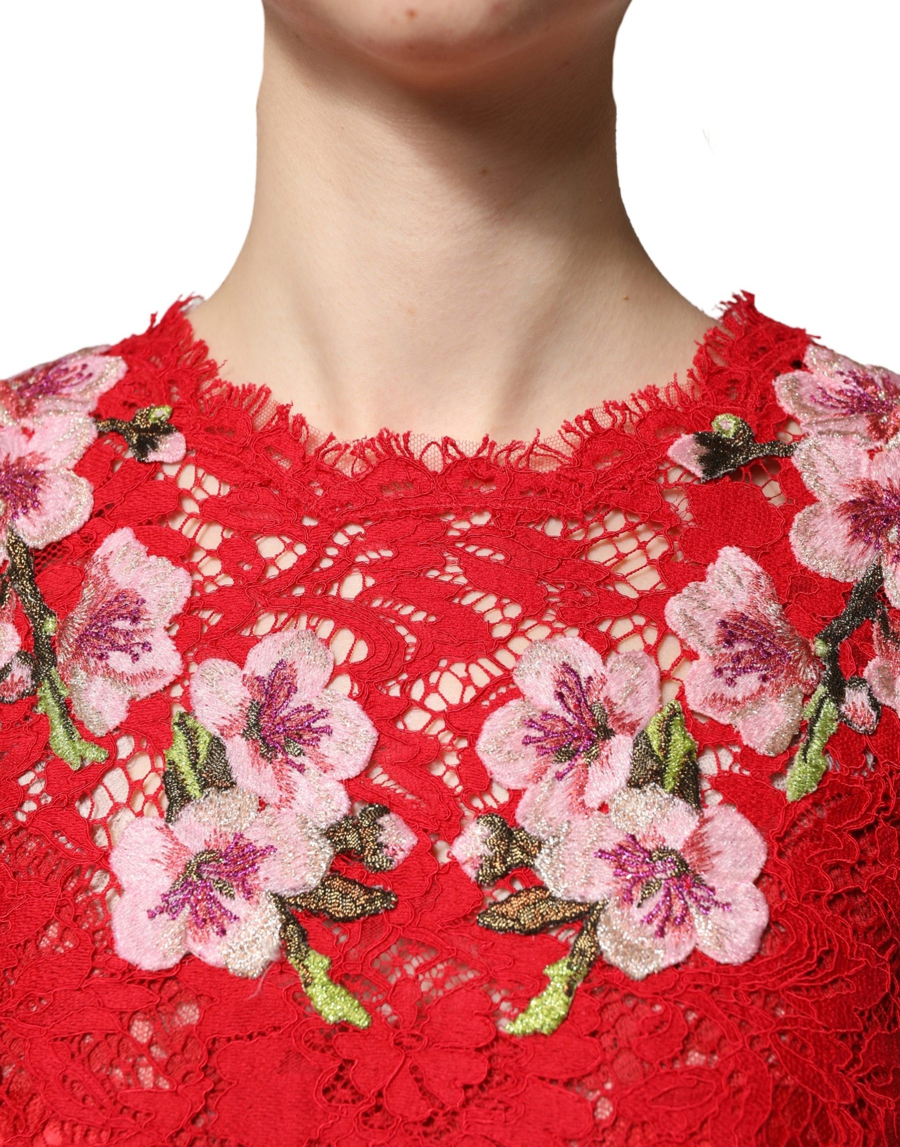 Dolce & Gabbana Red Lace Floral Embroidery Long Sleeves Top | Regal Royce