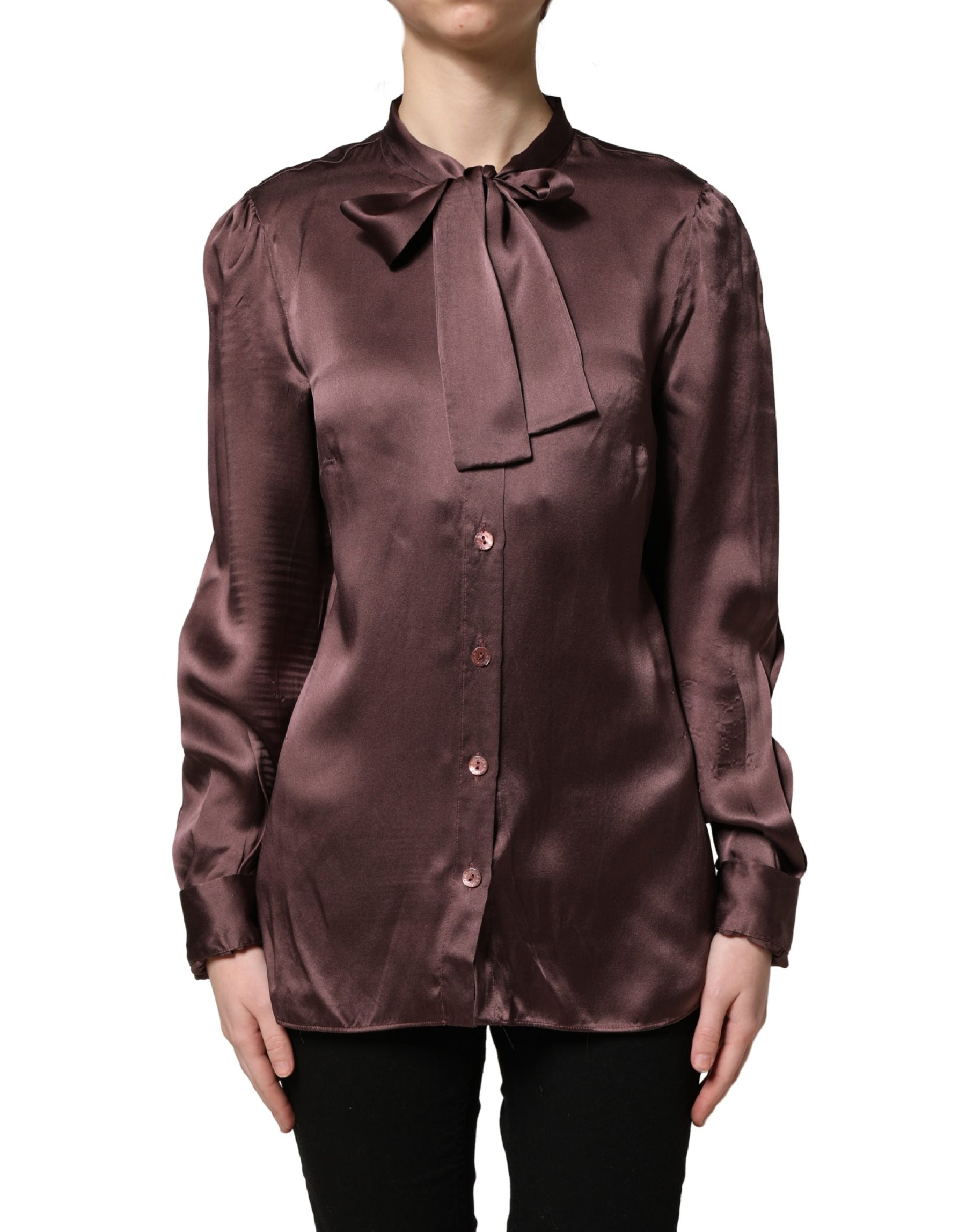 Dolce & Gabbana Violet Satin Long Sleeve Ascot Tie Shirt Top | Regal Royce