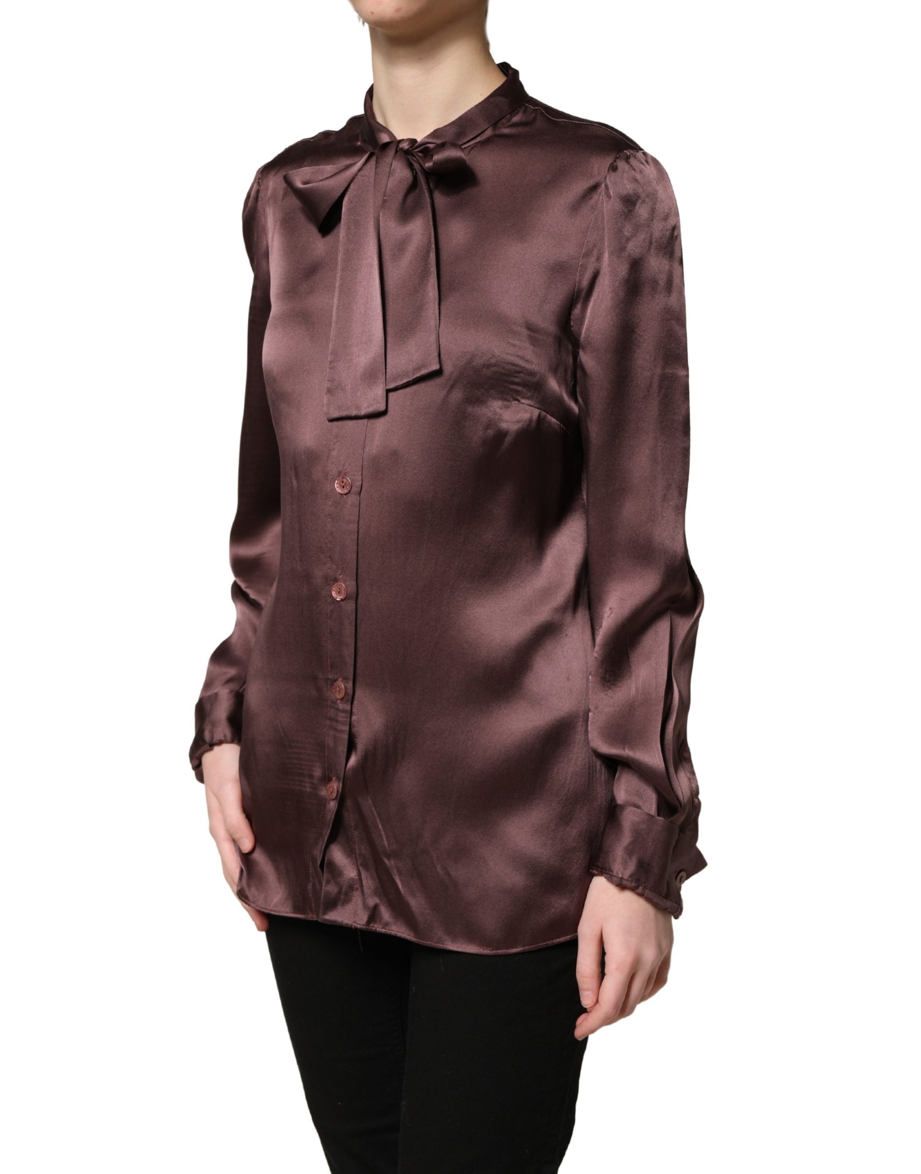 Dolce & Gabbana Violet Satin Long Sleeve Ascot Tie Shirt Top | Regal Royce