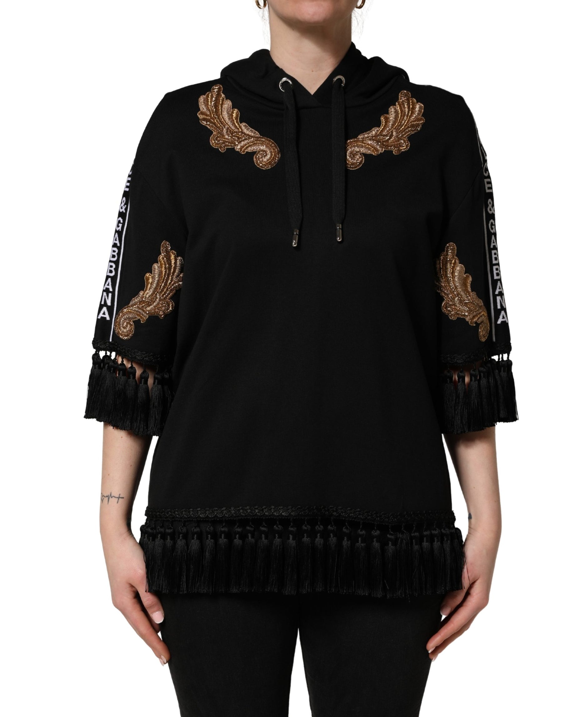 Dolce & Gabbana Black Embroidered Tassel Hooded Sweatshirt Sweater | Regal Royce