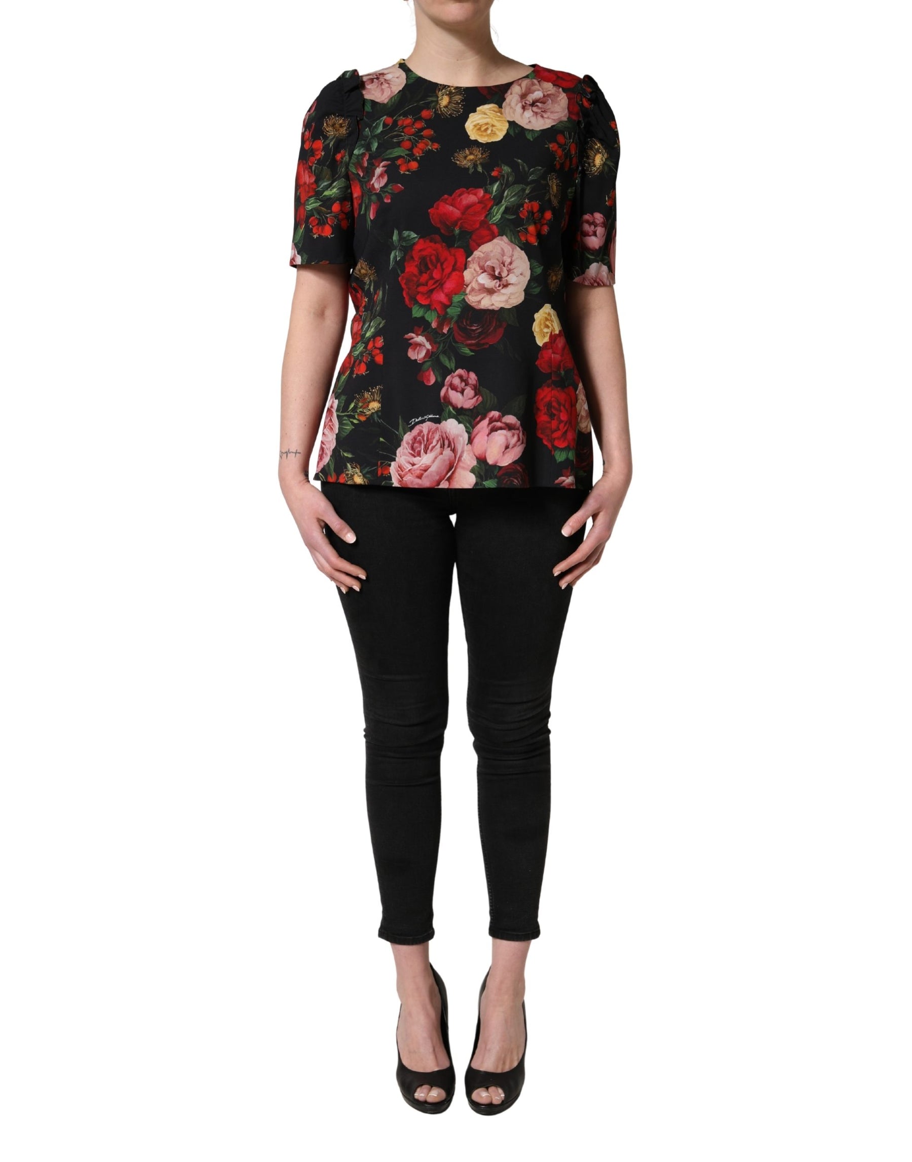 Dolce & Gabbana Black Floral Crepe Frill Detail Blouse Top | Regal Royce
