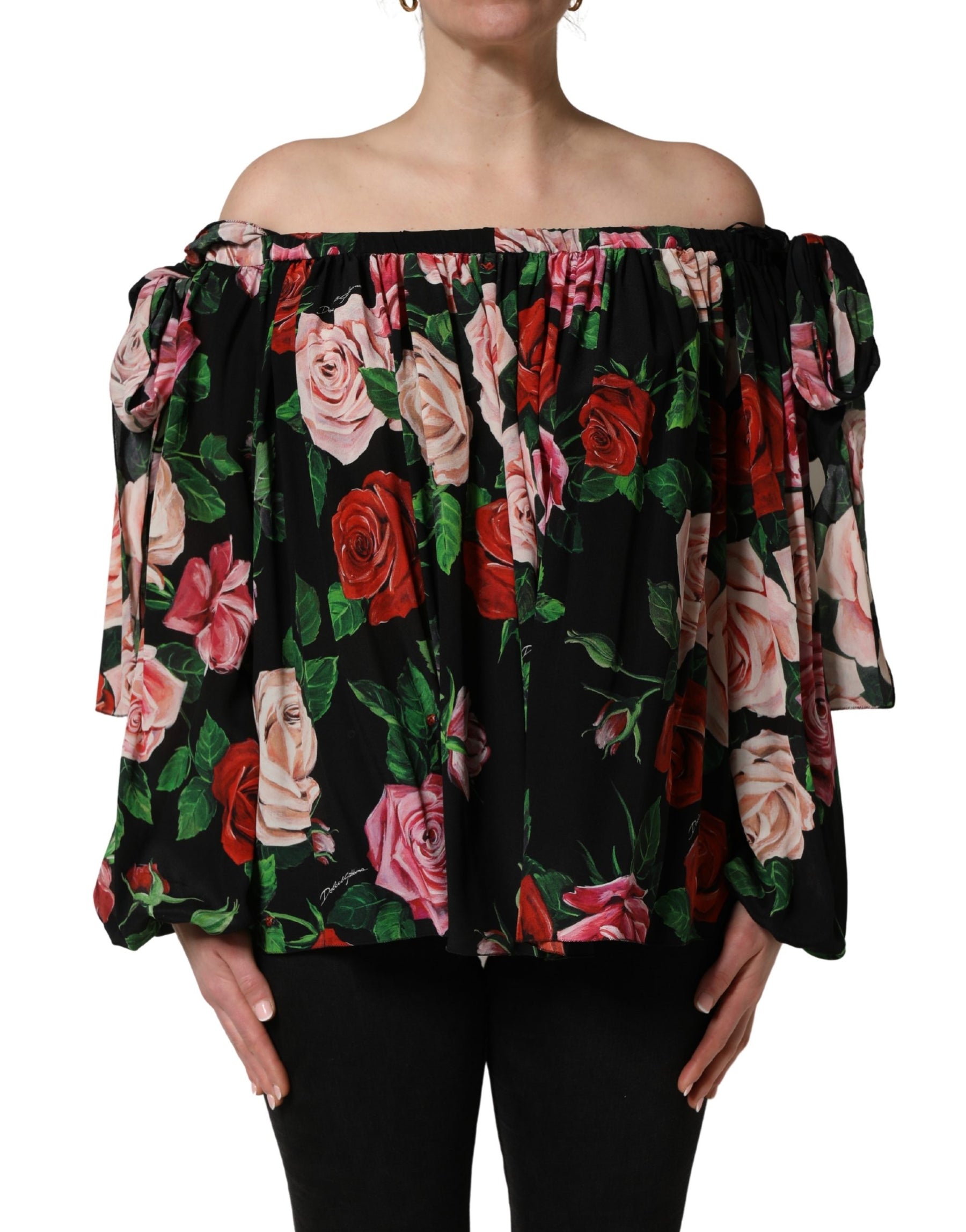 Dolce & Gabbana Black Rose Print Silk Off The Shoulder Blouse Top | Regal Royce