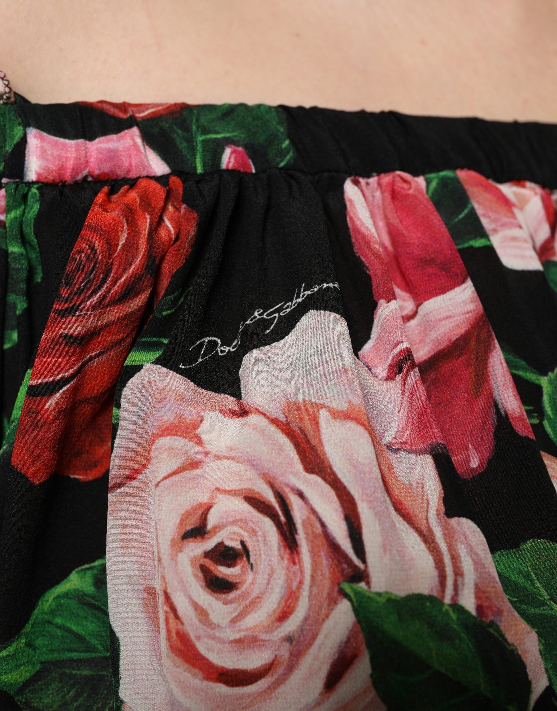 Dolce & Gabbana Black Rose Print Silk Off The Shoulder Blouse Top | Regal Royce