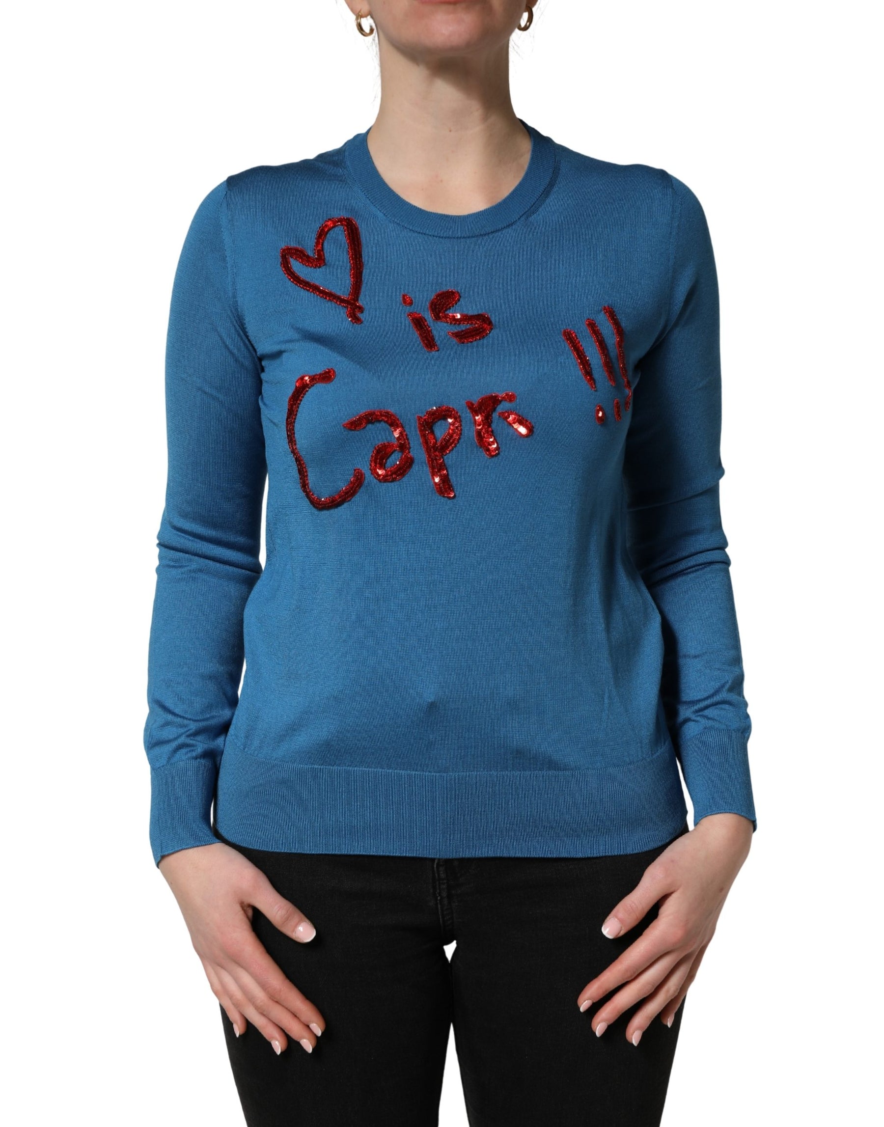 Dolce & Gabbana Blue Silk Sequined CrewNeck Pullover Sweater | Regal Royce
