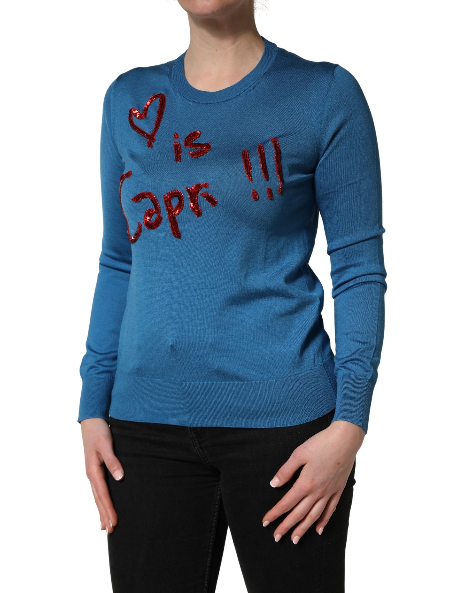 Dolce & Gabbana Blue Silk Sequined CrewNeck Pullover Sweater | Regal Royce