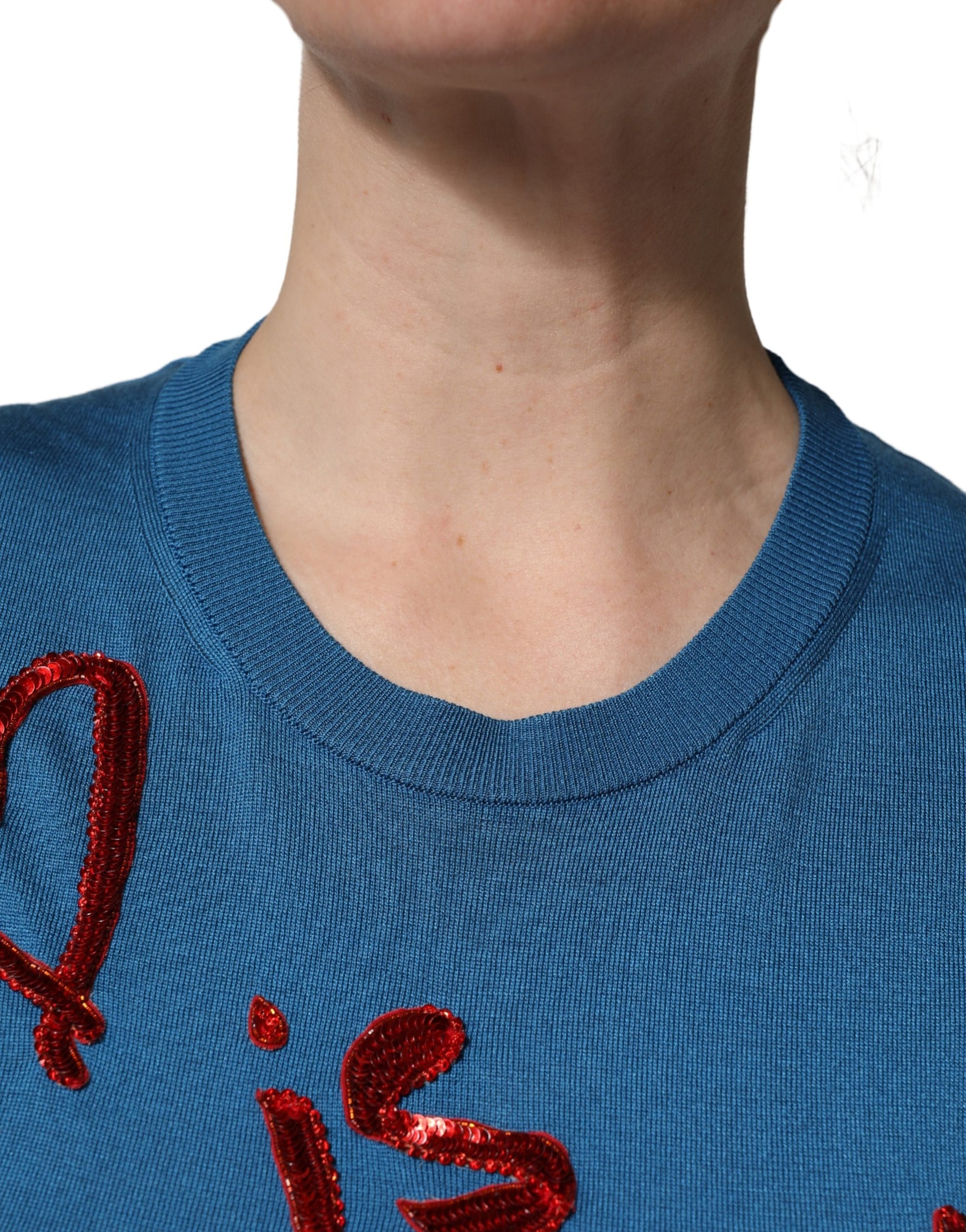 Dolce & Gabbana Blue Silk Sequined CrewNeck Pullover Sweater | Regal Royce