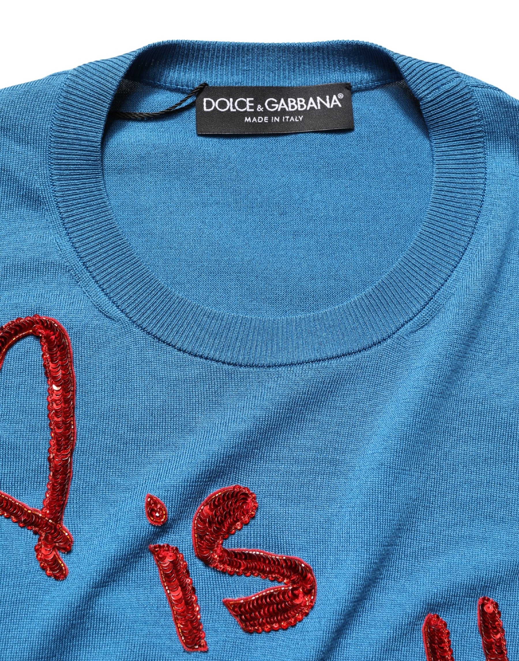 Dolce & Gabbana Blue Silk Sequined CrewNeck Pullover Sweater | Regal Royce
