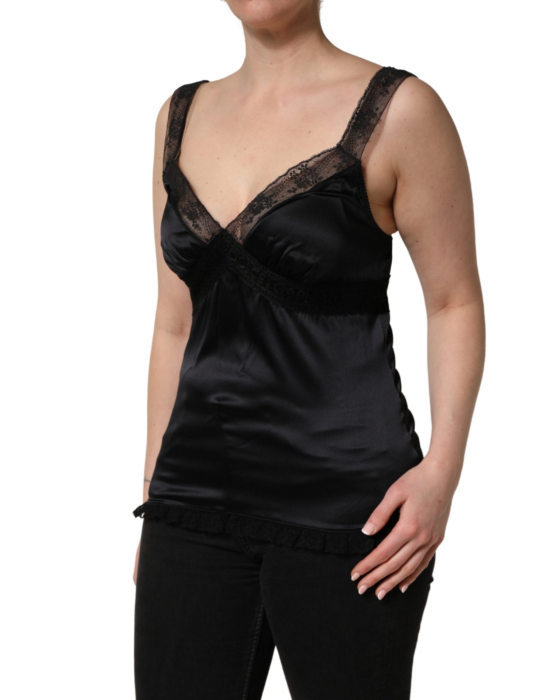 Dolce & Gabbana Black Silk Lace Trim Camisole V-neckline Tank Top | Regal Royce