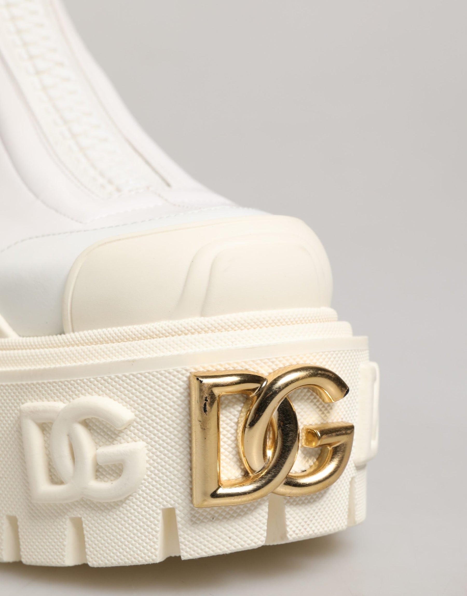 Dolce & Gabbana White Leather Rubber Logo Ankle Boots Shoes | Regal Royce