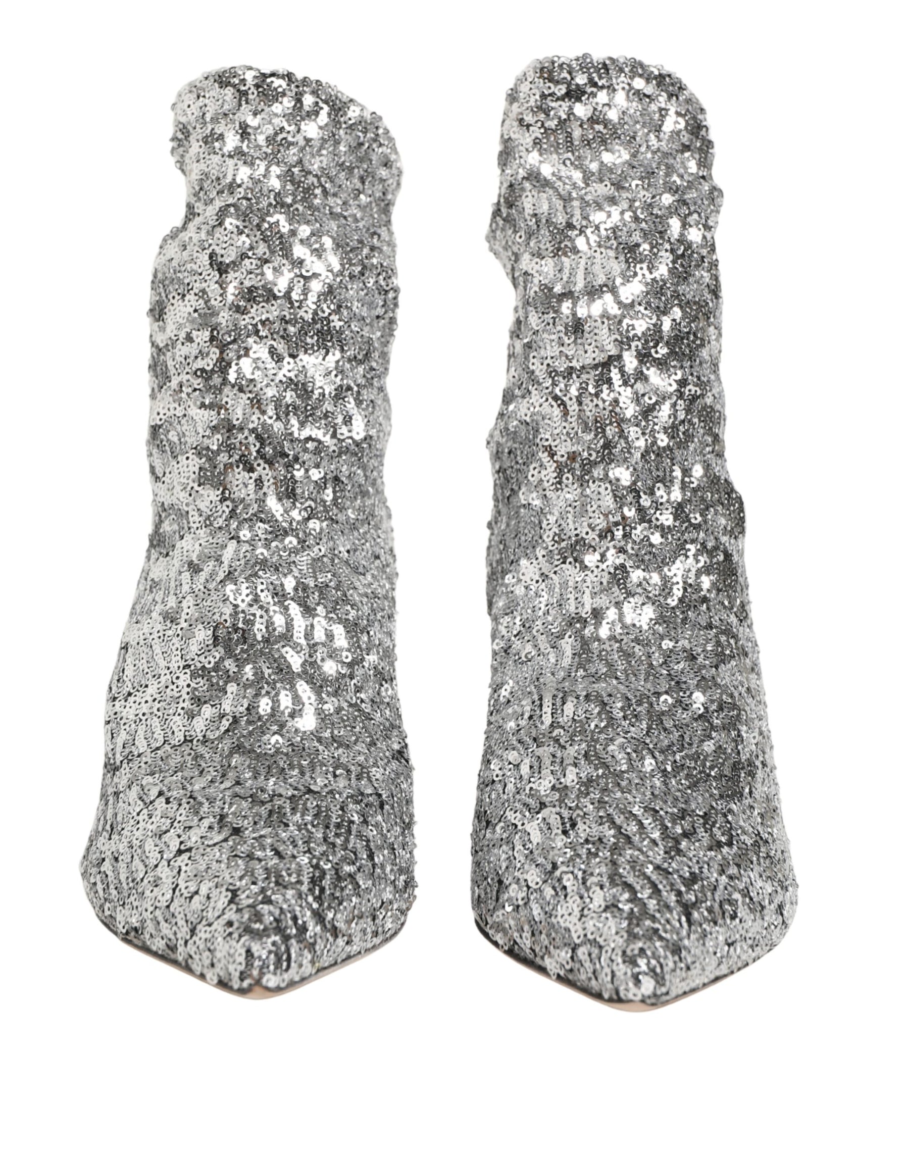 Dolce & Gabbana Silver Sequined Short Boots Stretch Shoes | Regal Royce