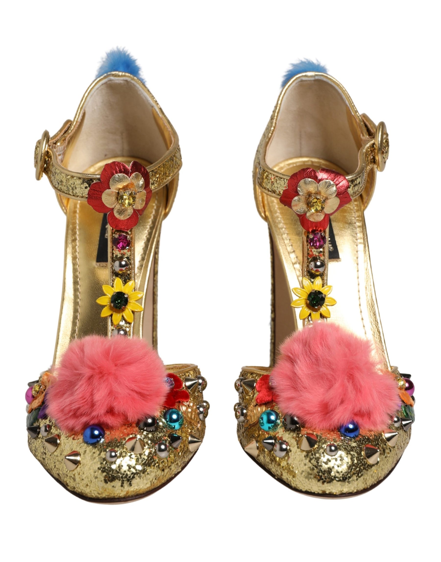 Dolce & Gabbana Gold Fur Trim Glitter T-strap Sandals Shoes | Regal Royce