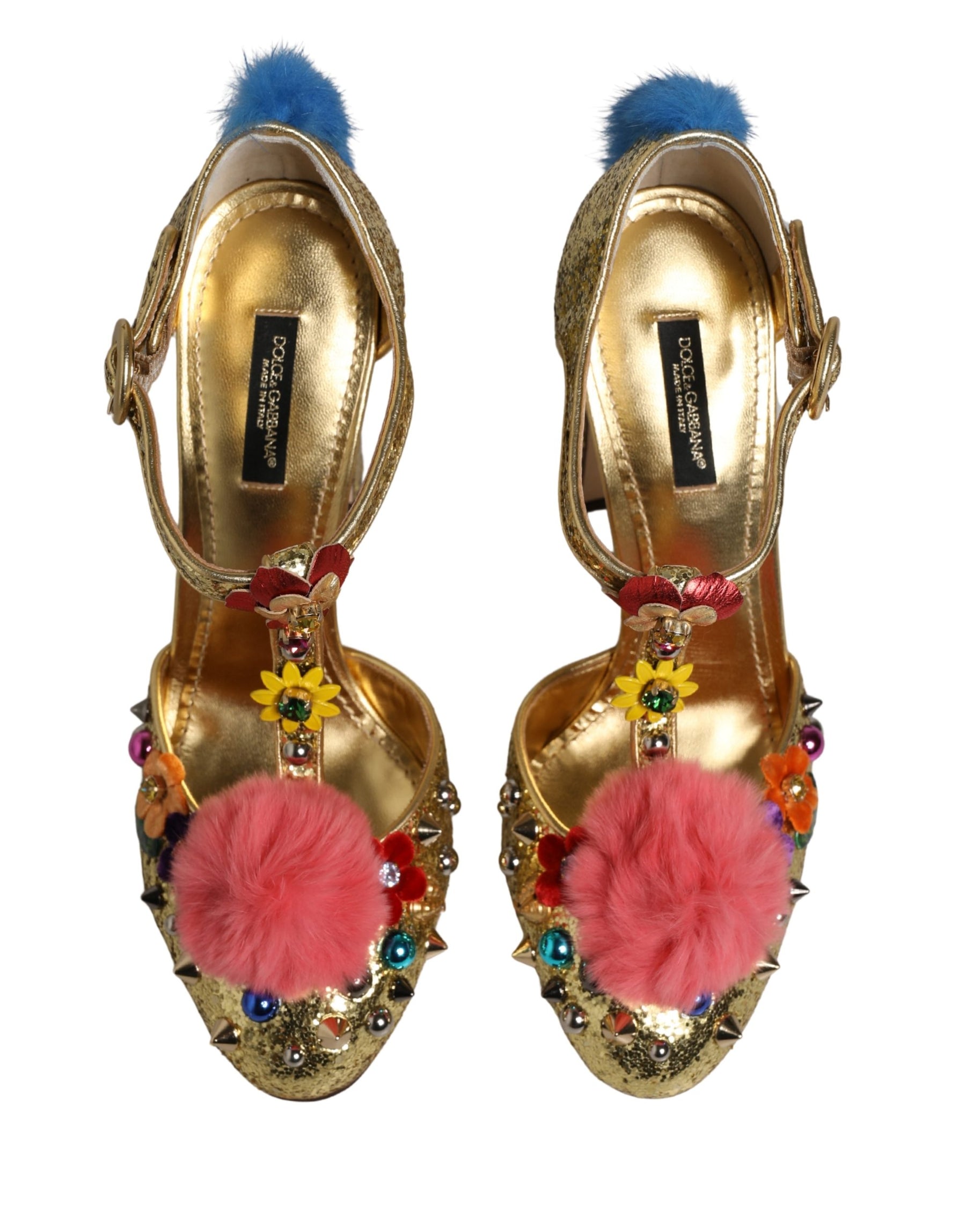 Dolce & Gabbana Gold Fur Trim Glitter T-strap Sandals Shoes | Regal Royce