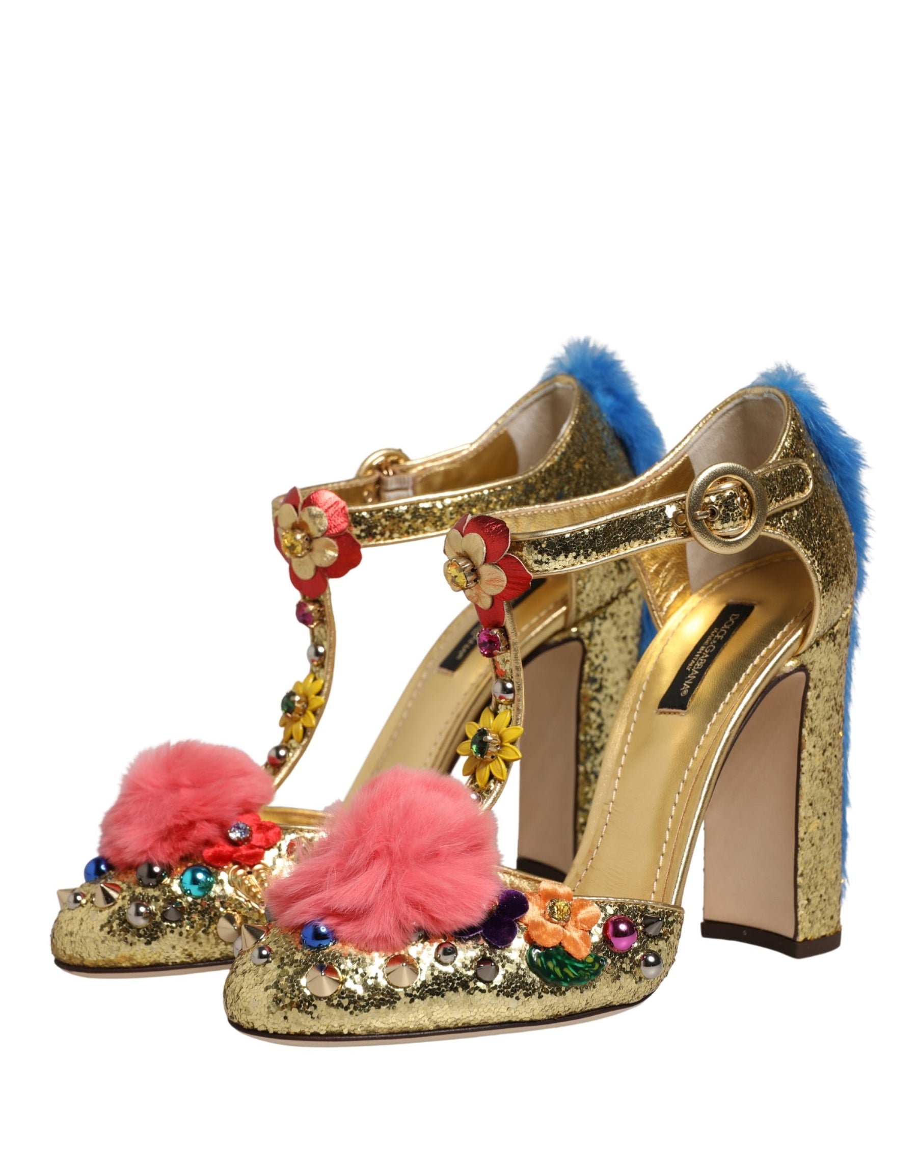 Dolce & Gabbana Gold Fur Trim Glitter T-strap Sandals Shoes | Regal Royce