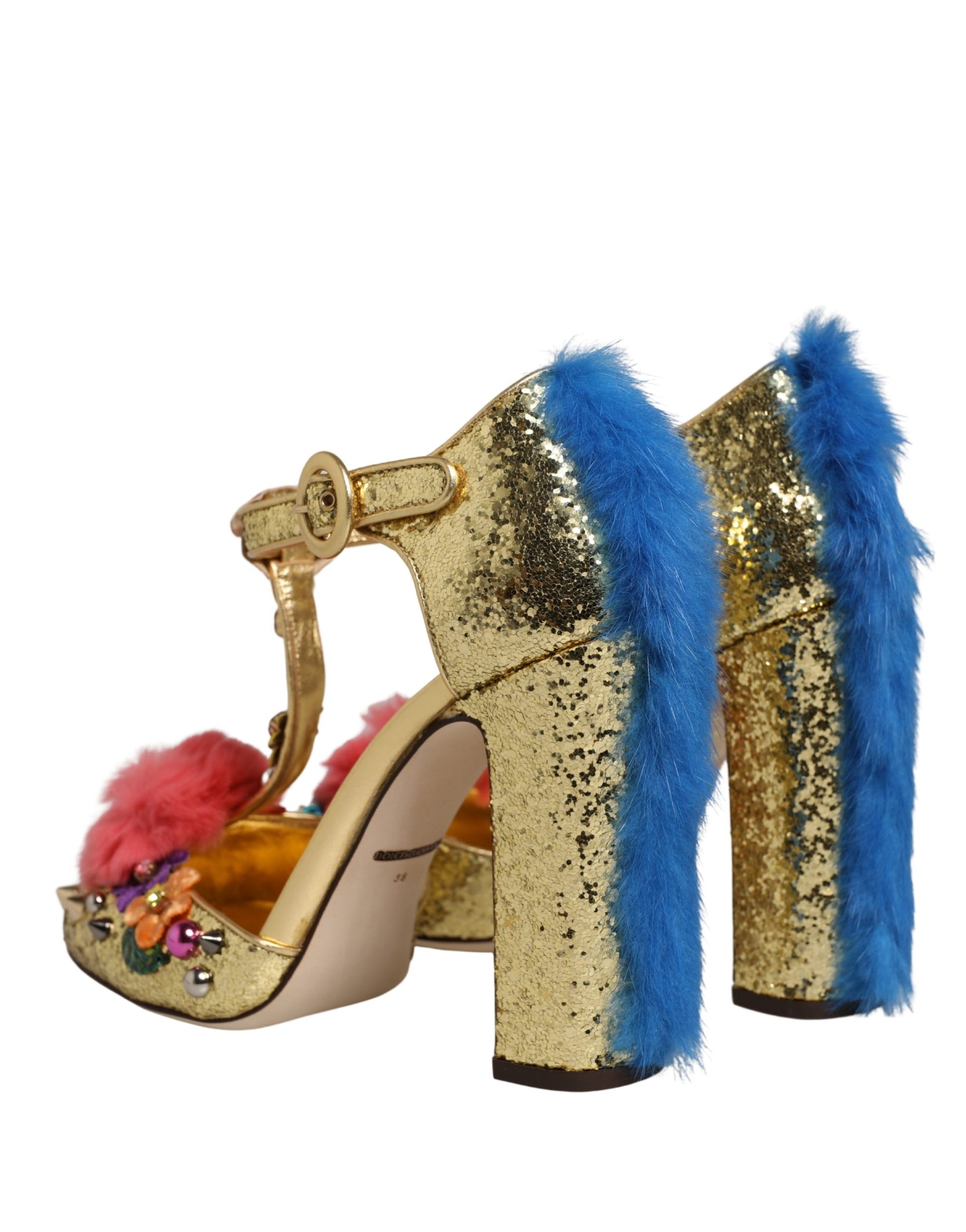 Dolce & Gabbana Gold Fur Trim Glitter T-strap Sandals Shoes | Regal Royce