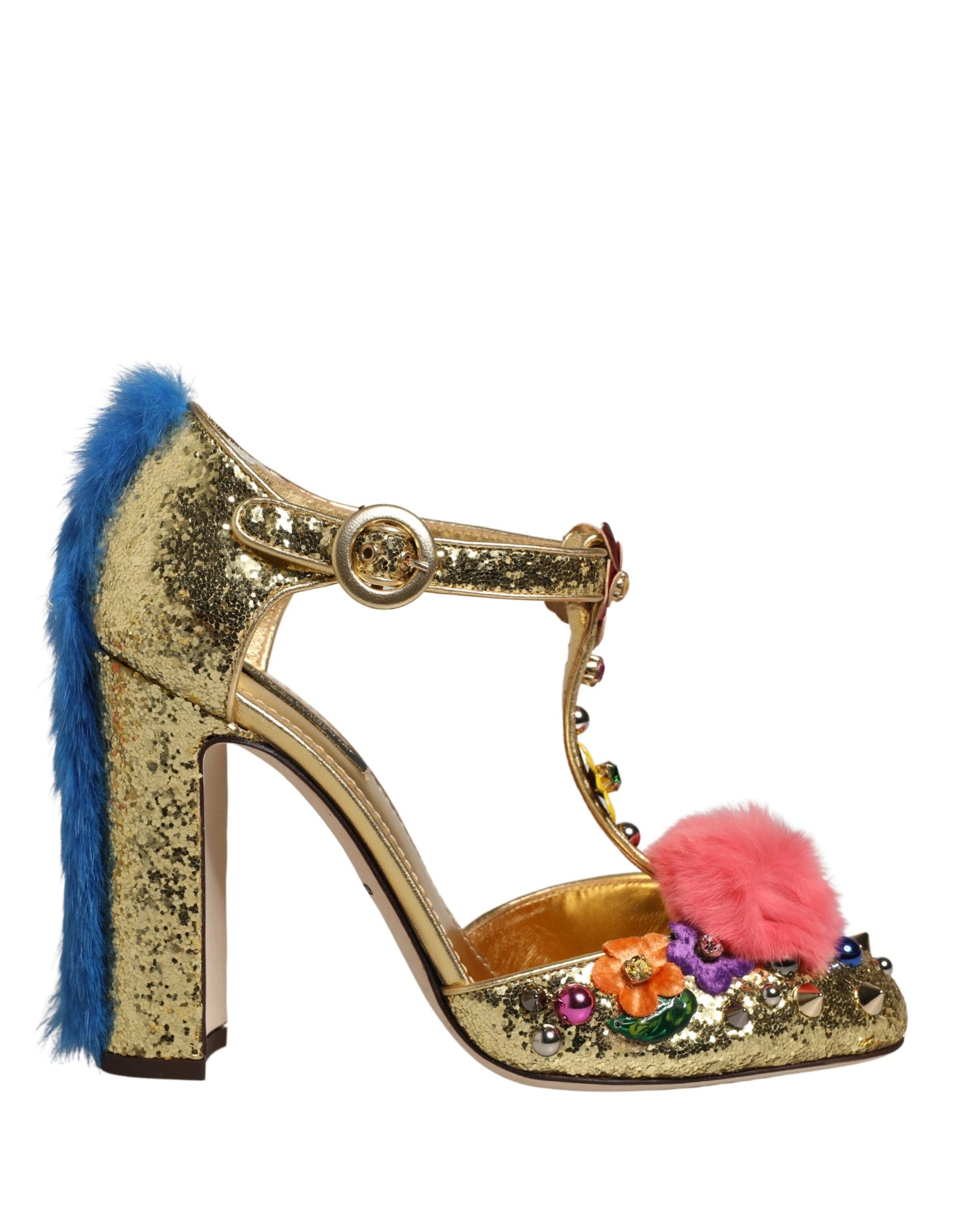 Dolce & Gabbana Gold Fur Trim Glitter T-strap Sandals Shoes | Regal Royce