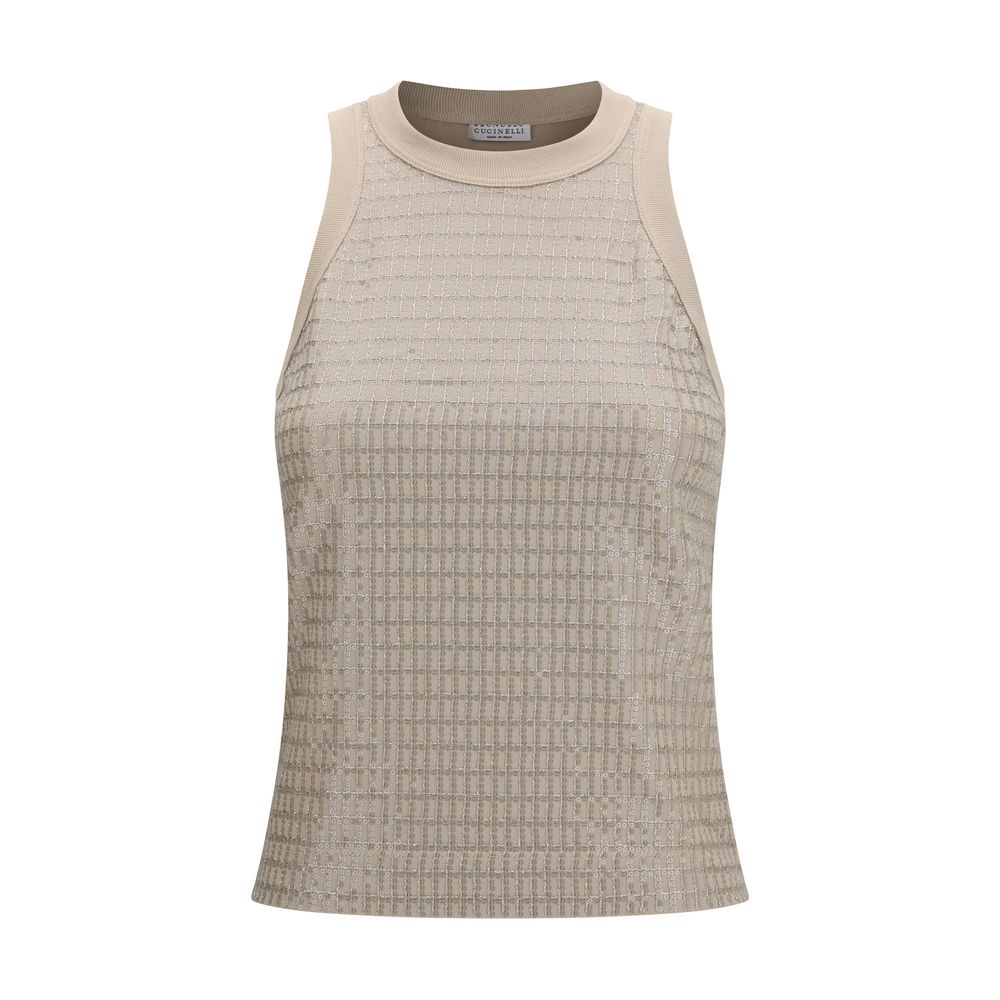 Brunello Cucinelli Beige Cotton Sleeveles T-Shirt | Regal Royce