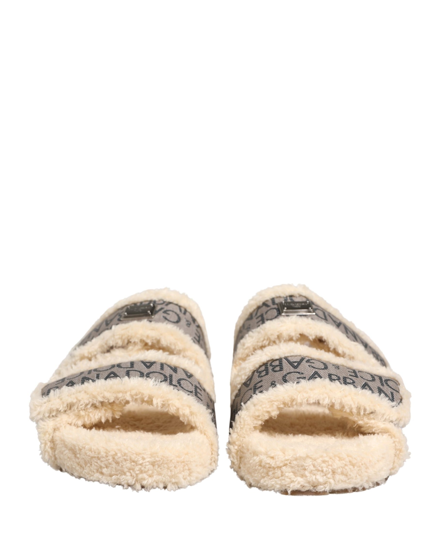 Dolce & Gabbana Beige Faux Fur Logo Print Flats Sandals Shoes | Regal Royce