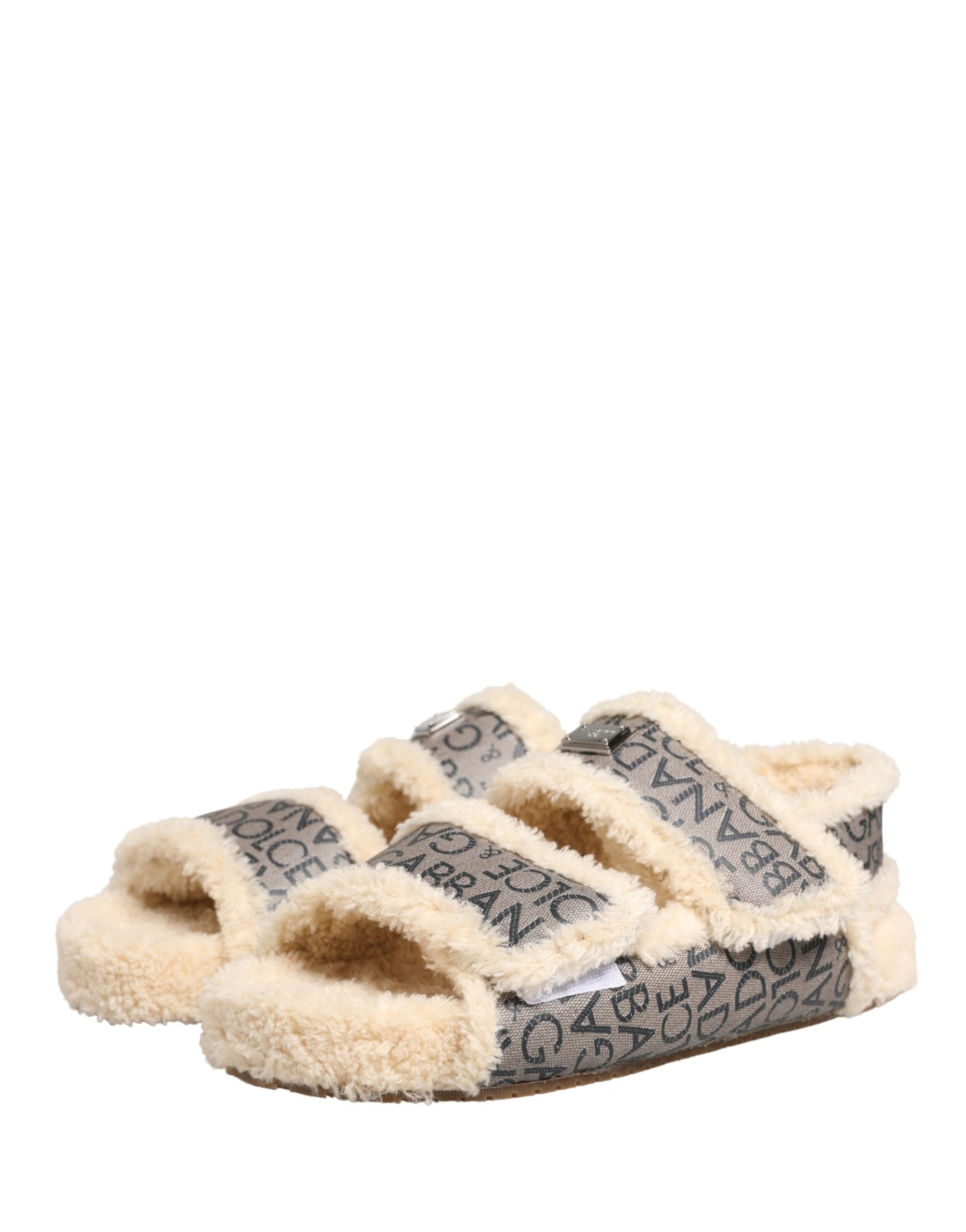 Dolce & Gabbana Beige Faux Fur Logo Print Flats Sandals Shoes | Regal Royce