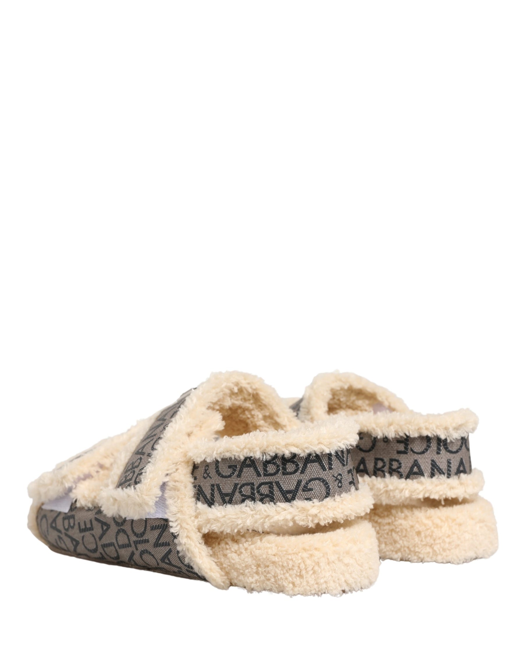 Dolce & Gabbana Beige Faux Fur Logo Print Flats Sandals Shoes | Regal Royce