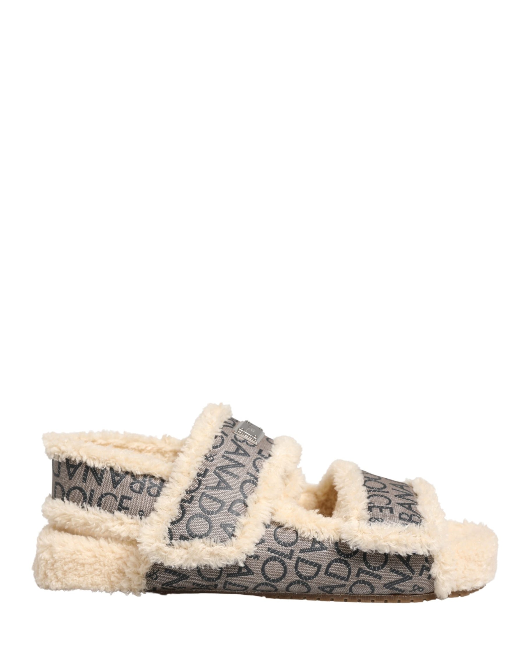 Dolce & Gabbana Beige Faux Fur Logo Print Flats Sandals Shoes | Regal Royce