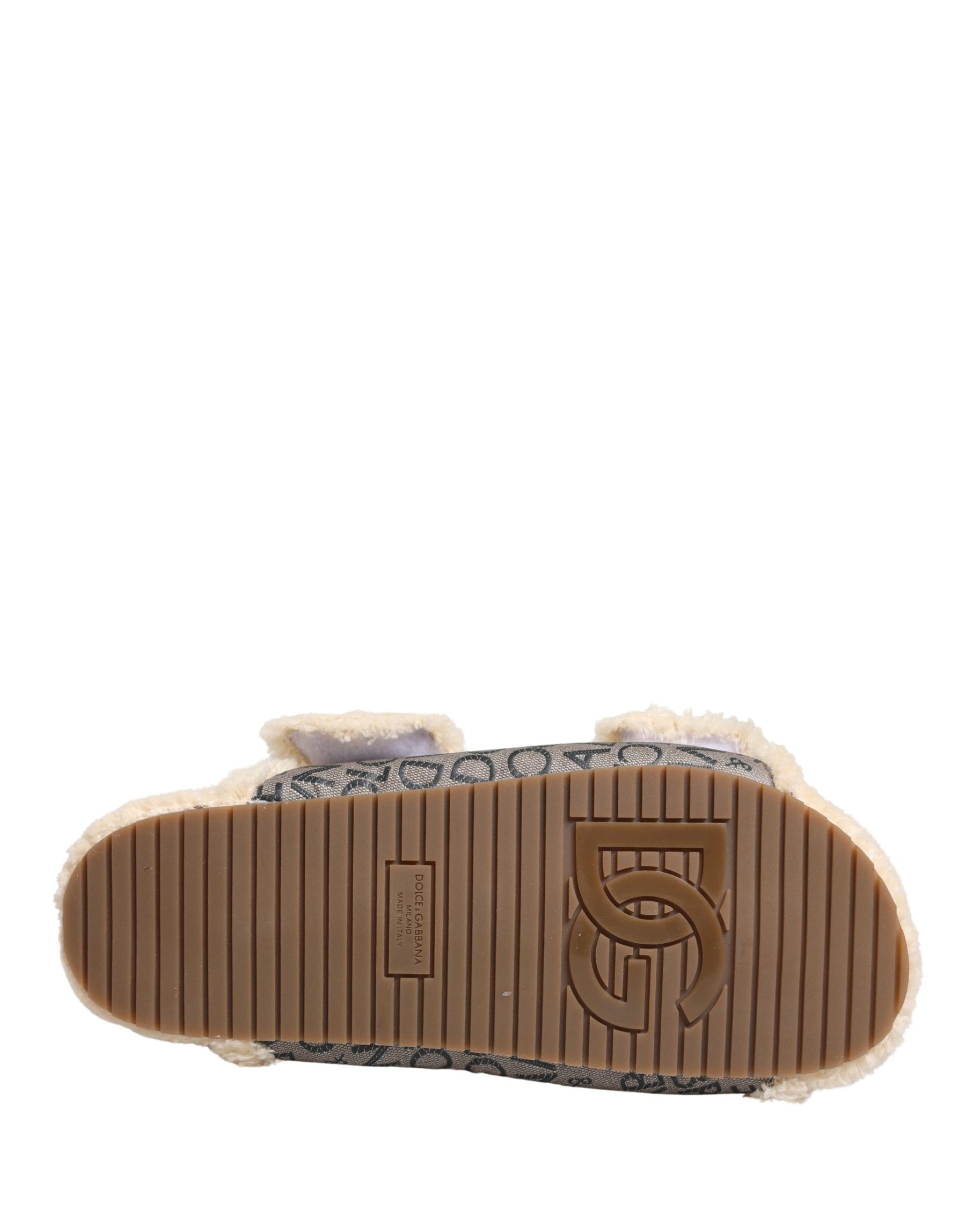 Dolce & Gabbana Beige Faux Fur Logo Print Flats Sandals Shoes | Regal Royce
