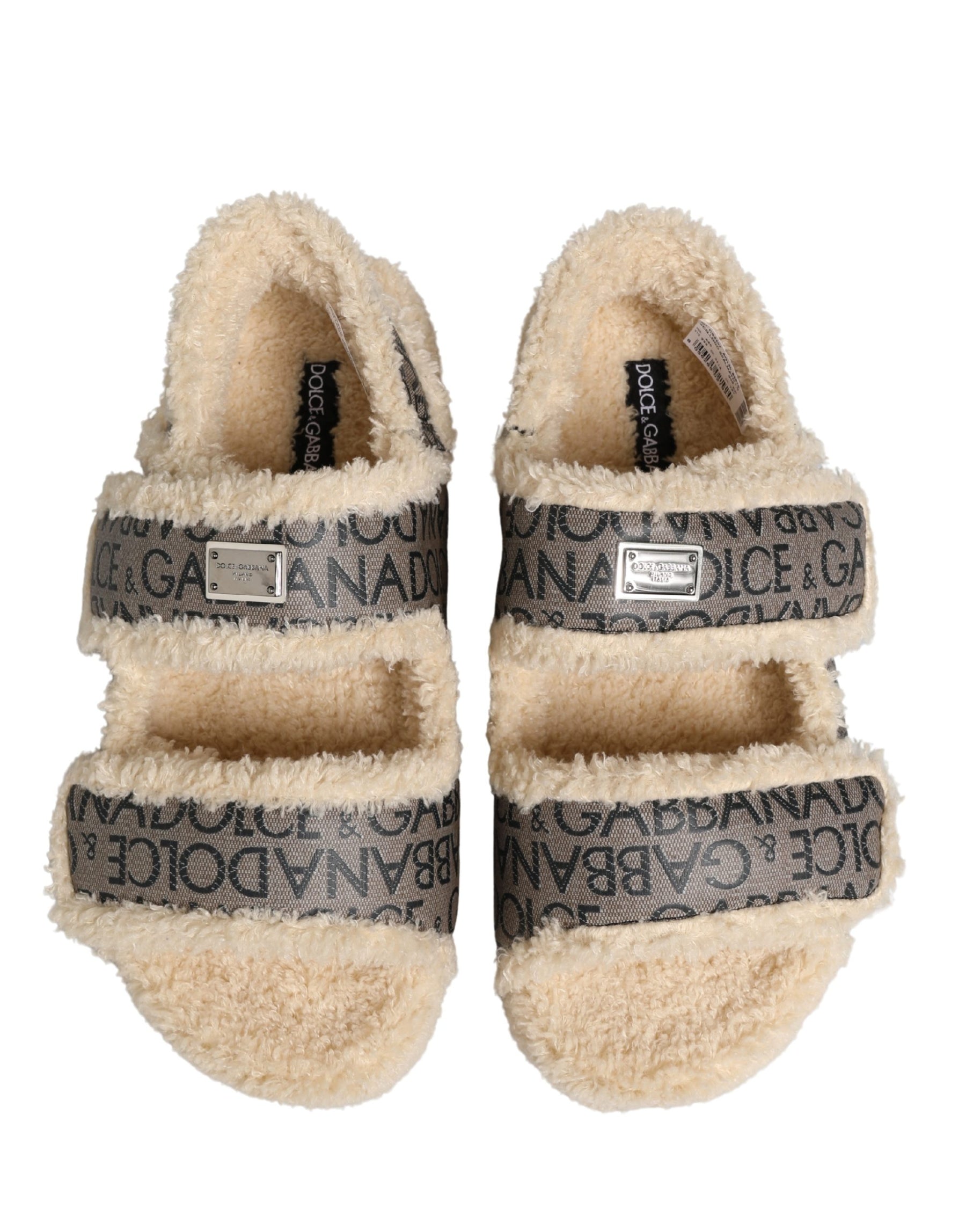 Dolce & Gabbana Beige Faux Fur Logo Print Flats Sandals Shoes | Regal Royce