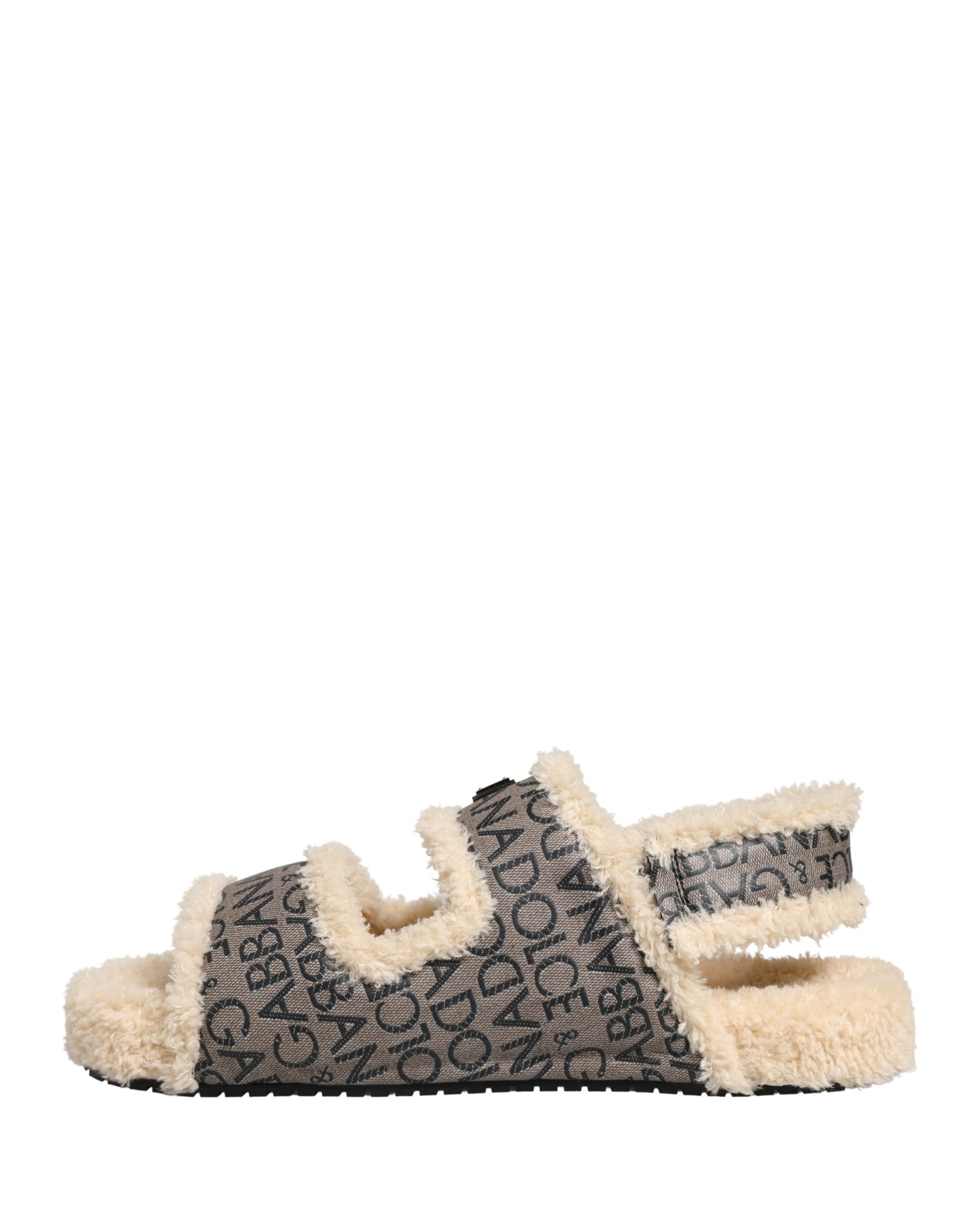 Dolce & Gabbana Beige Faux Fur Logo Print Flats Sandals Shoes | Regal Royce