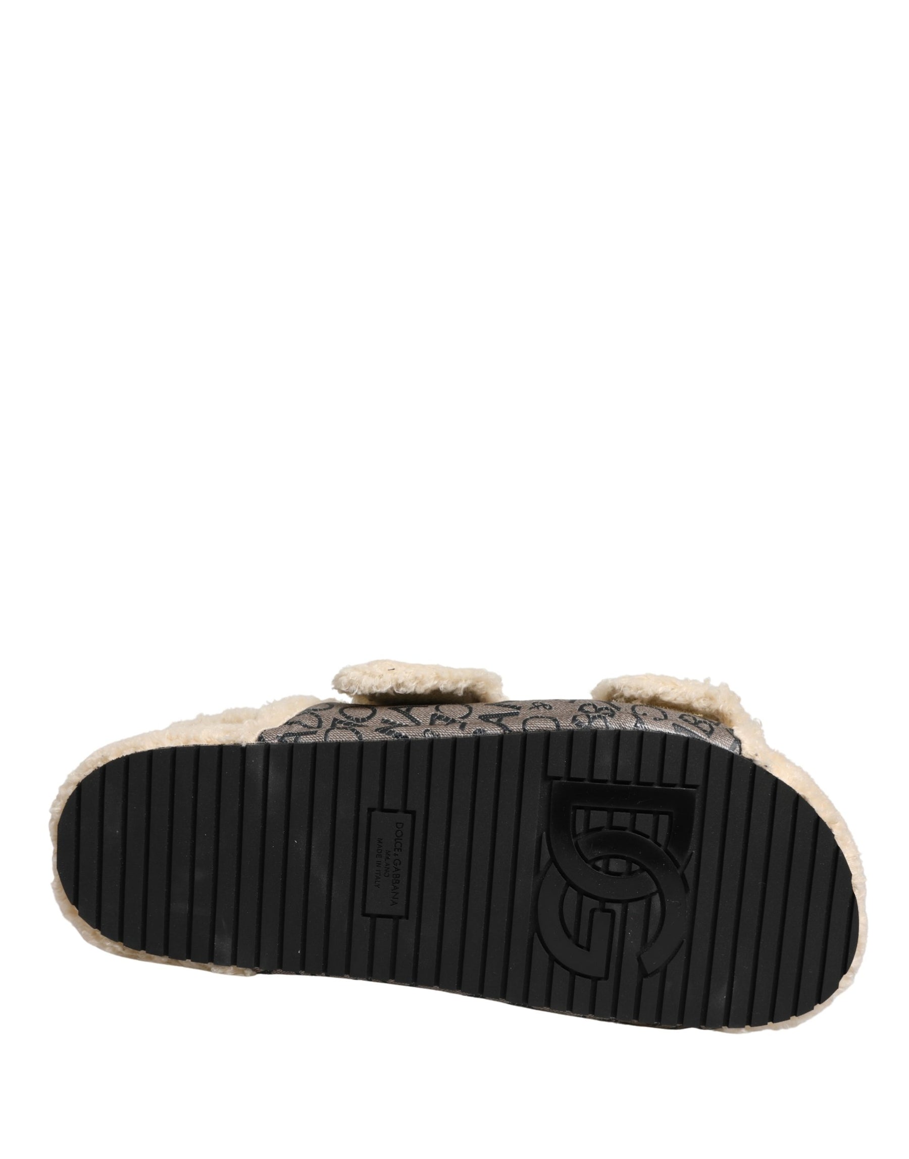 Dolce & Gabbana Beige Faux Fur Logo Print Flats Sandals Shoes | Regal Royce