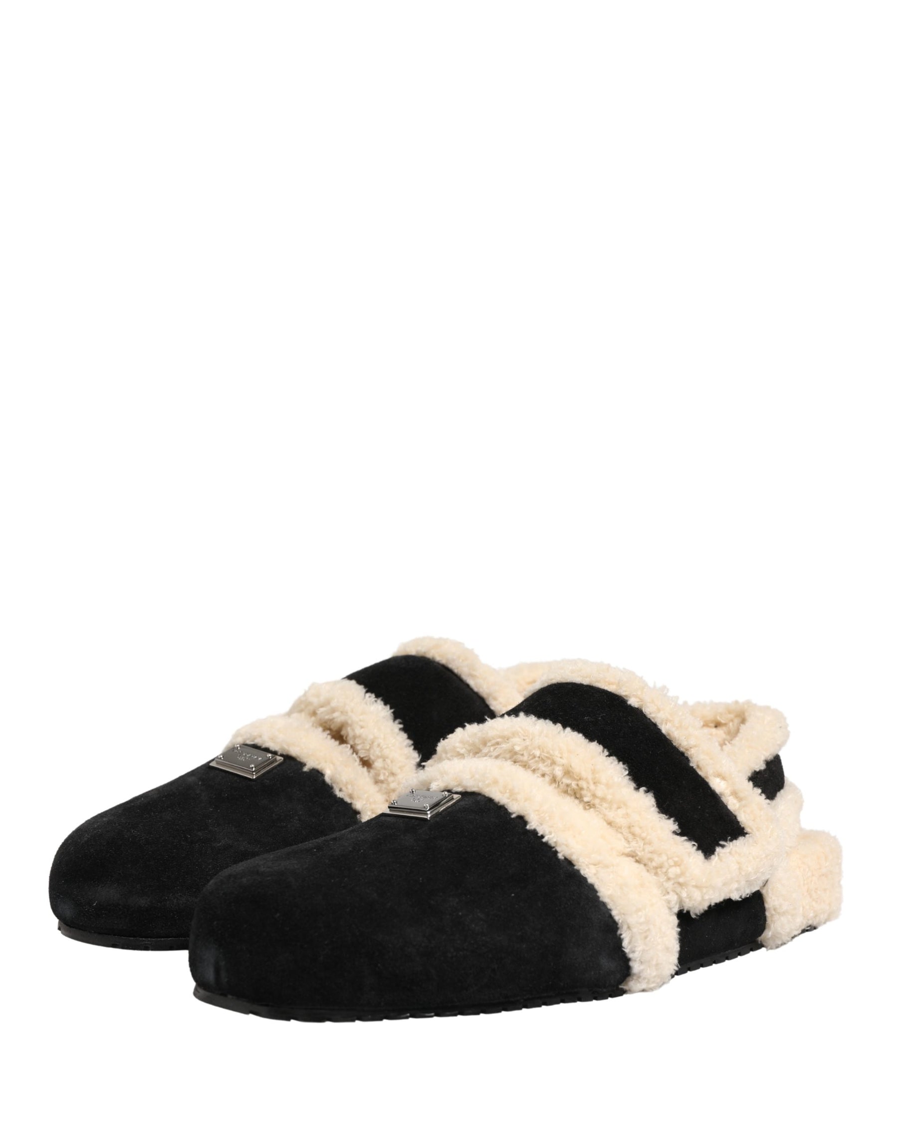 Dolce & Gabbana Beige Black Faux Fur Flats Men Sandals Shoes | Regal Royce