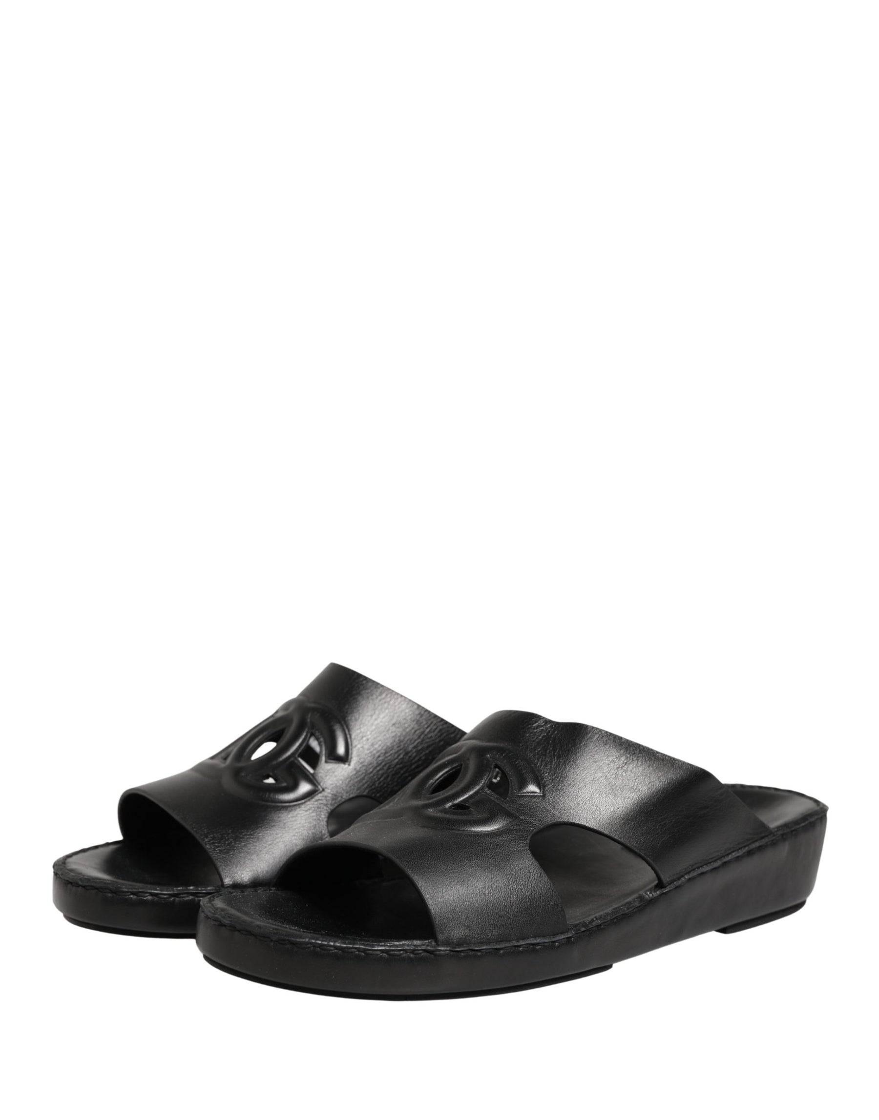 Dolce & Gabbana Black Leather Cutout DG Logo Sandals Shoes | Regal Royce