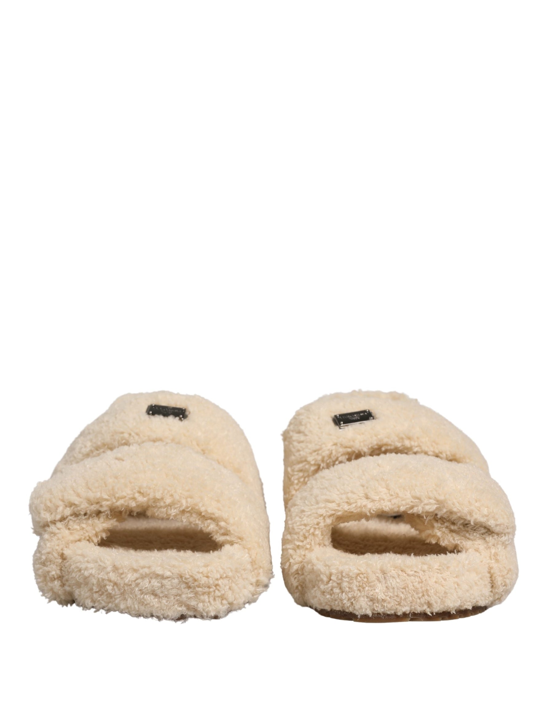 Dolce & Gabbana Beige Faux Fur Slides Men Flats Sandals Shoes | Regal Royce