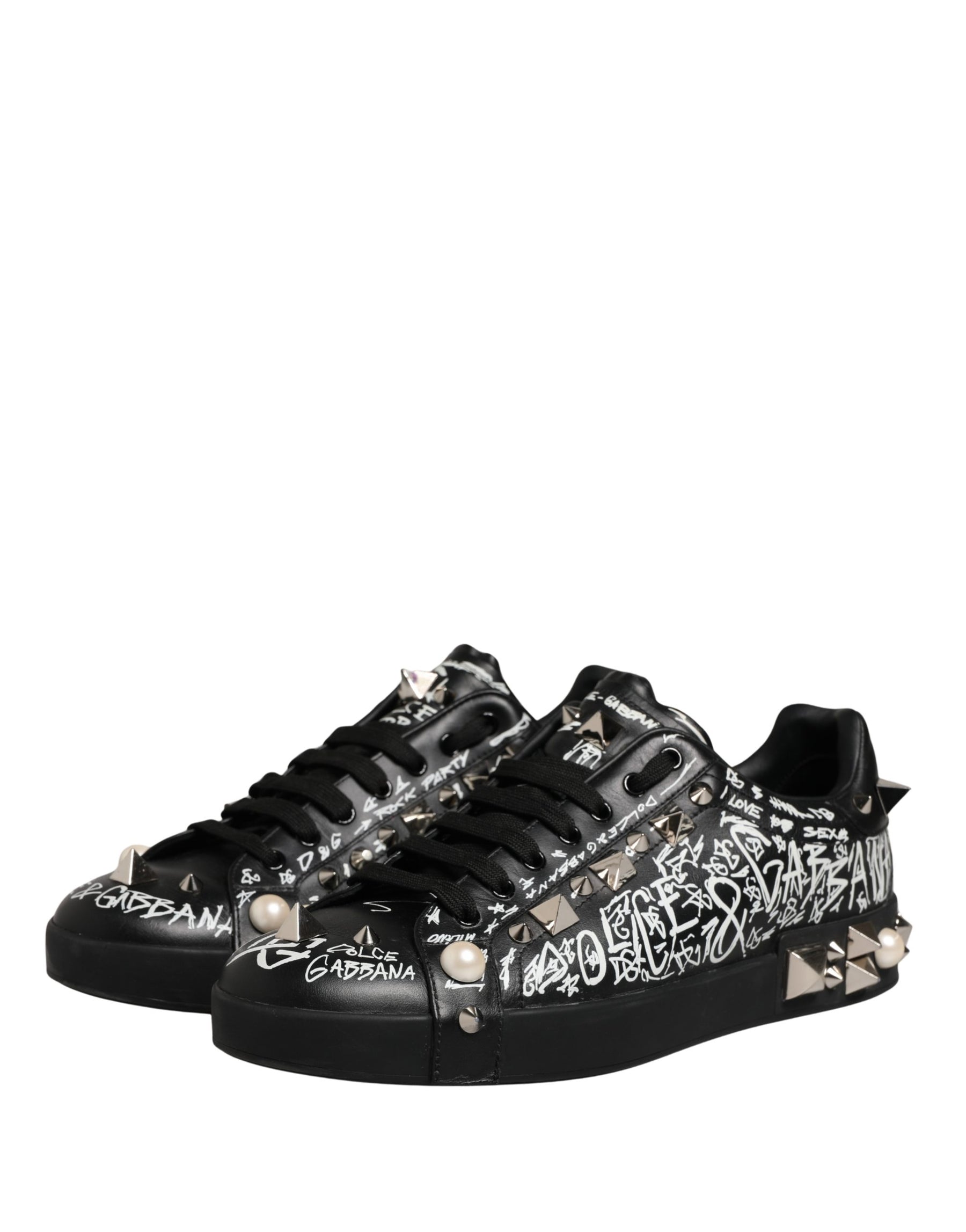 Dolce & Gabbana Black Portofino Graffiti Stud Sneakers Shoes | Regal Royce
