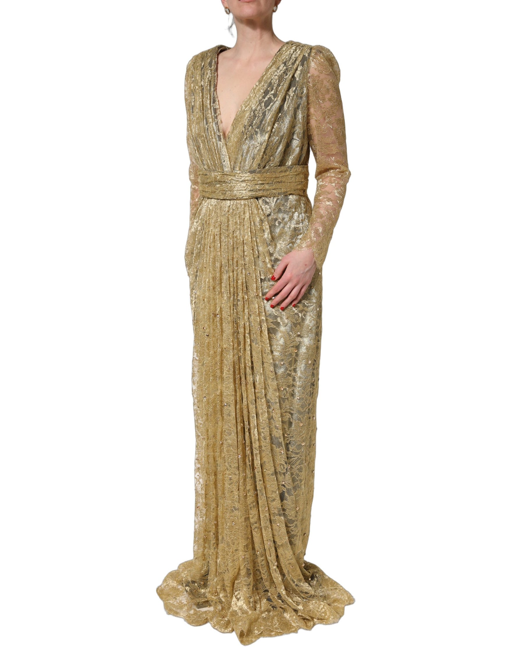 Dolce & Gabbana Gold Sheer Lace Crystal Embellished Dress | Regal Royce