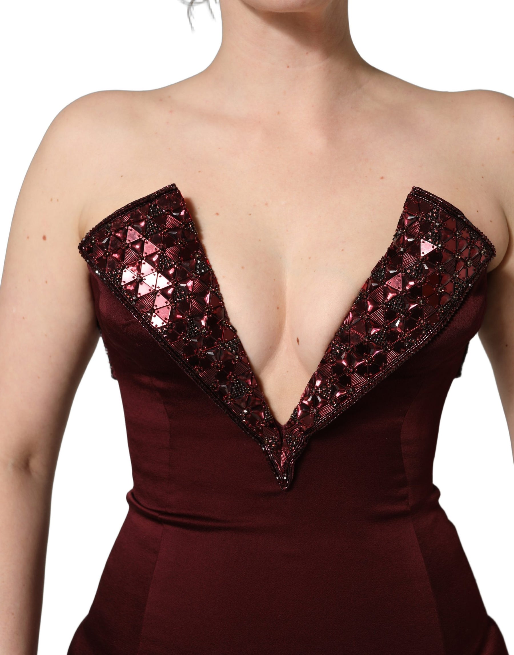 Dolce & Gabbana Maroon Embellished Vneck Evening Gown Dress | Regal Royce