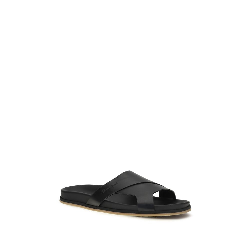 Santoni Black Calf Leather Bos Taurus Flat Sandals | Regal Royce