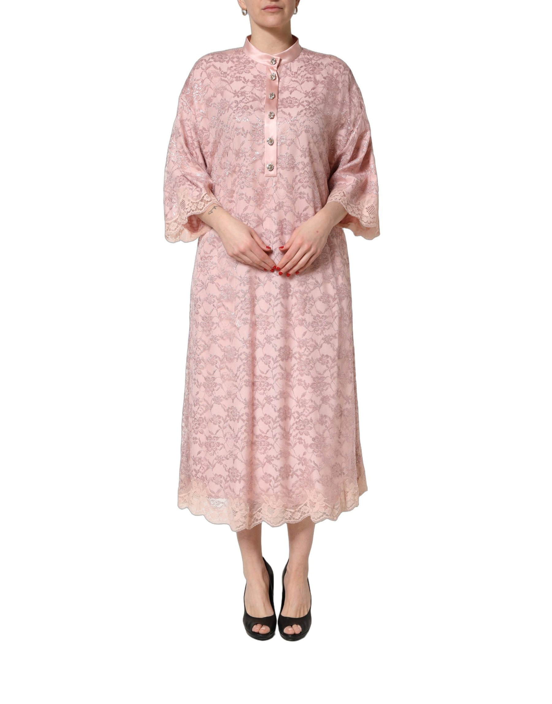 Dolce & Gabbana Pink Corded Floral Lace Kaftan Midi Dress | Regal Royce