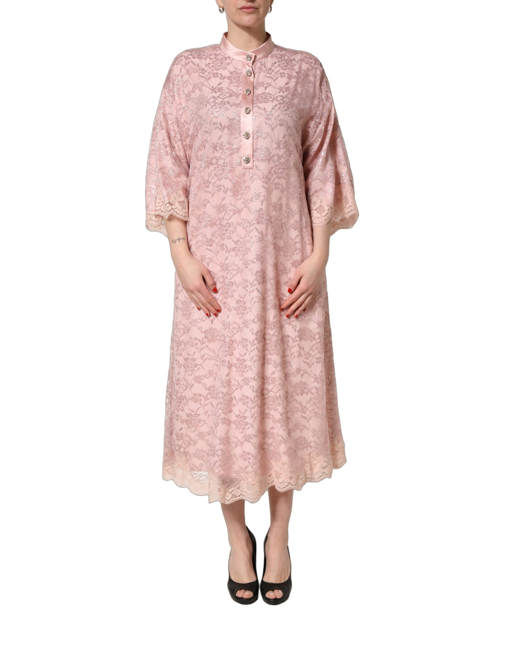 Dolce & Gabbana Pink Corded Floral Lace Kaftan Midi Dress | Regal Royce