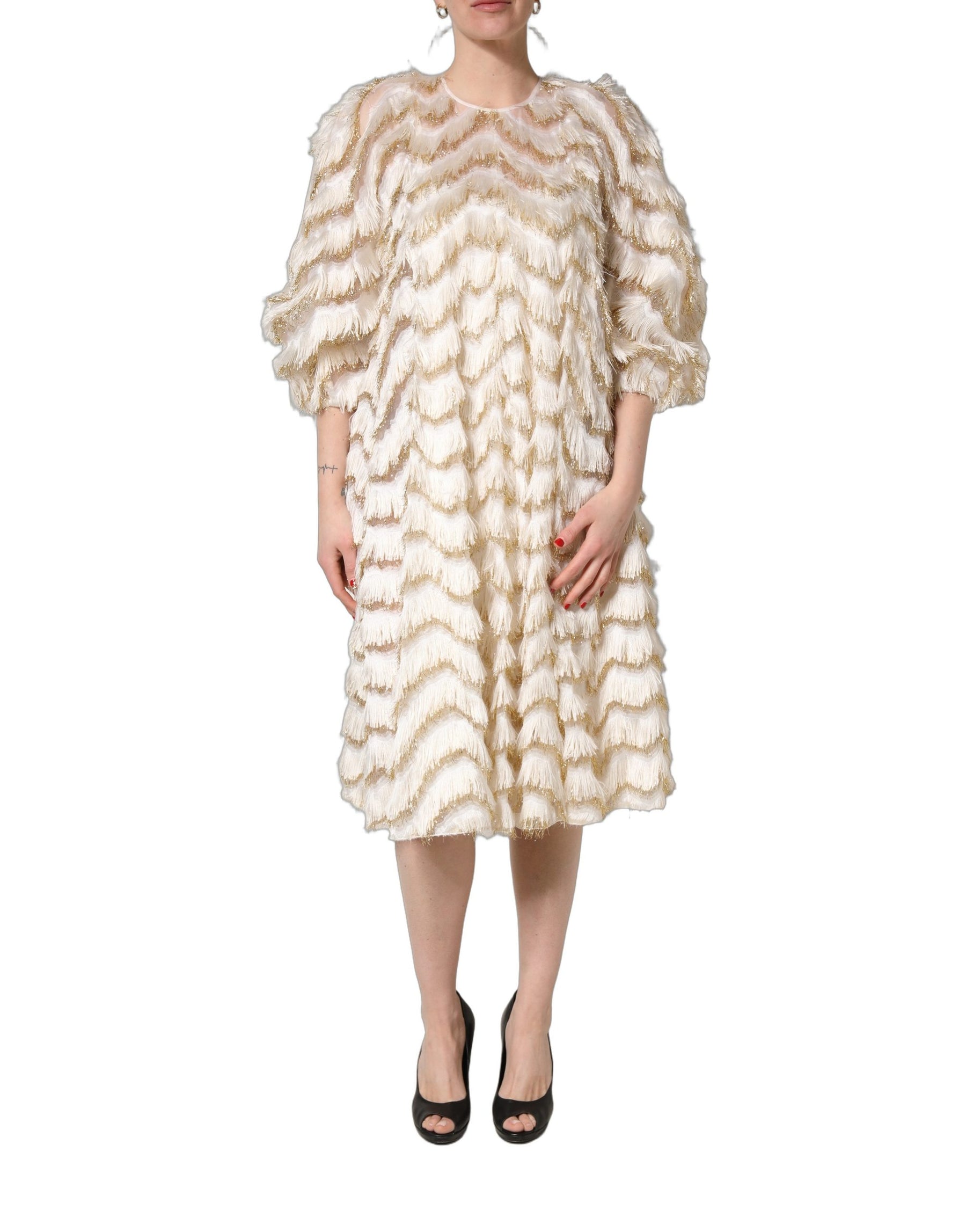 Dolce & Gabbana Ivory Fringe Layered Shift Midi Dress | Regal Royce