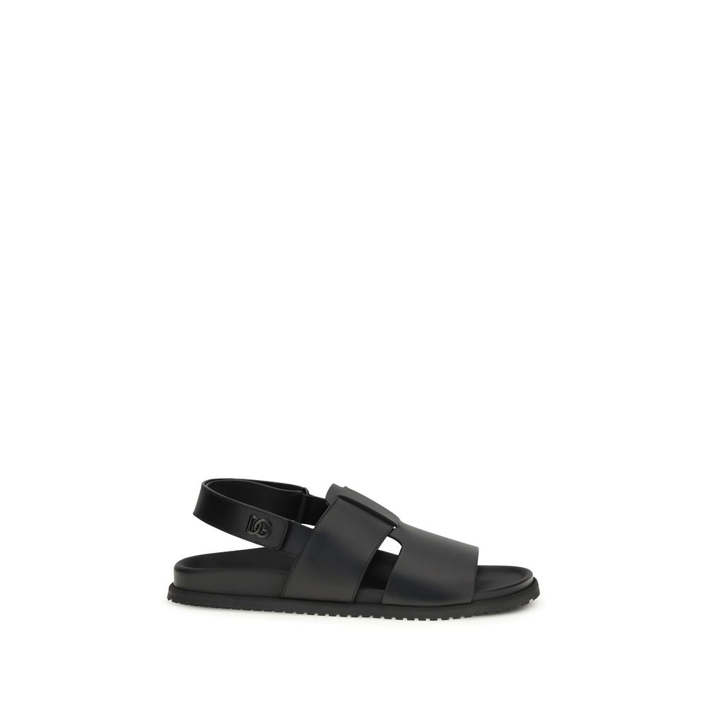 Dolce & Gabbana Black Calf Leather Bos Taurus Flat Sandals | Regal Royce