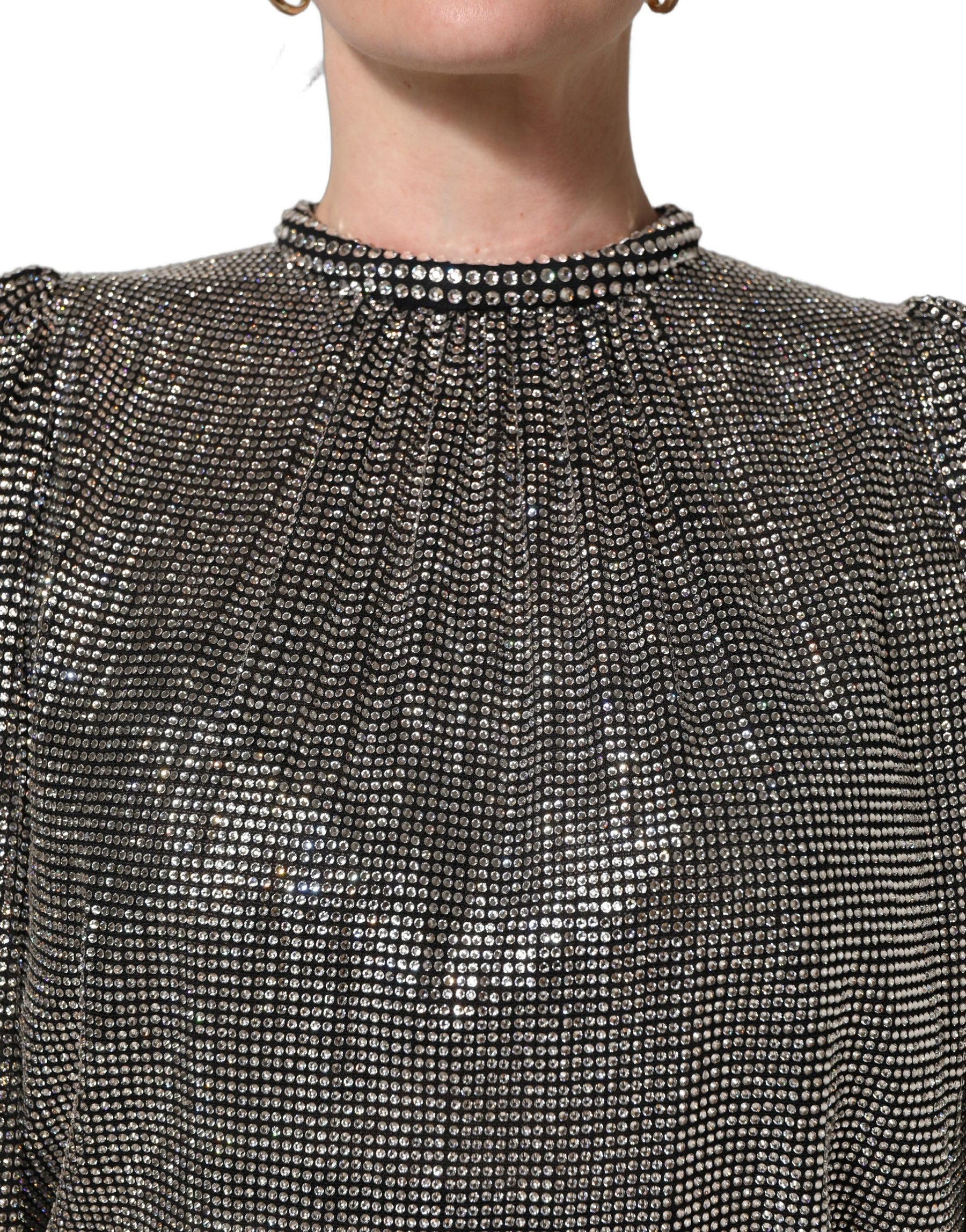 Dolce & Gabbana Silver Rhinestones Long Sleeves Bodysuit Mini Dress | Regal Royce