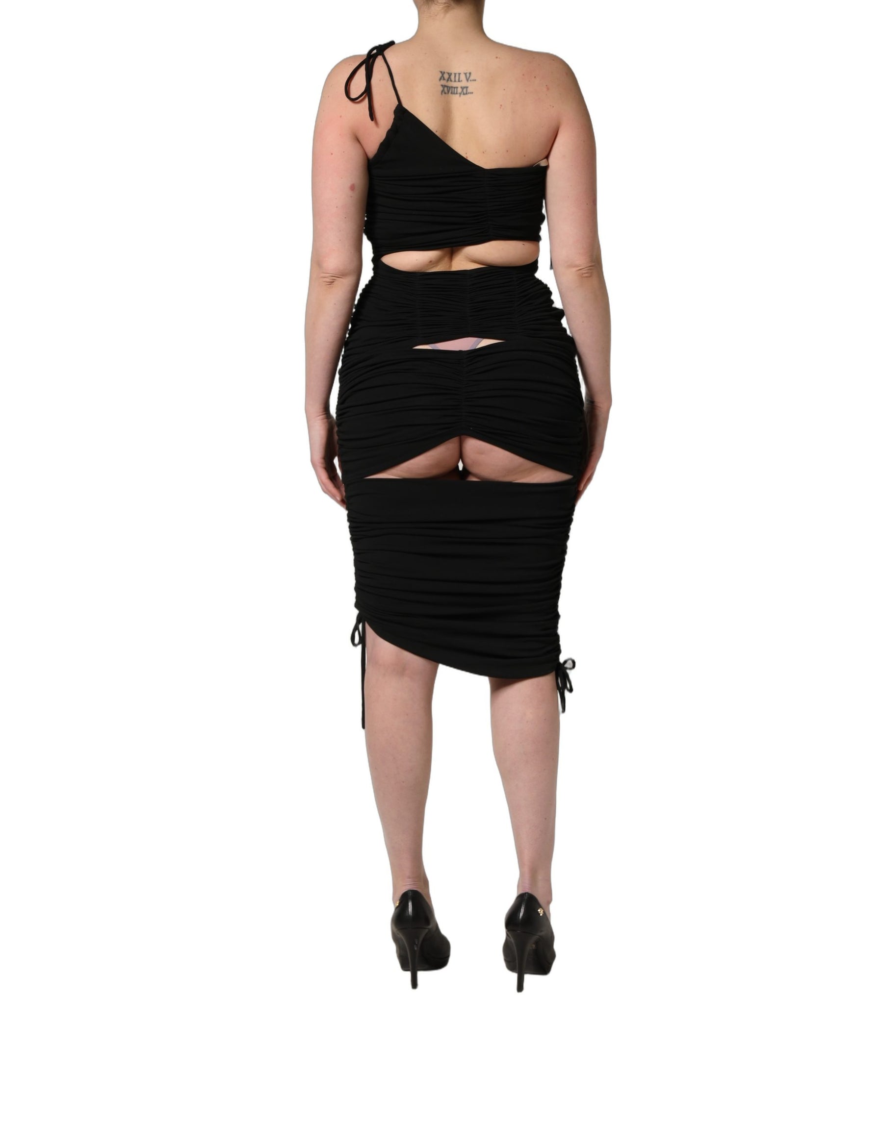 Dolce & Gabbana Black Jersey Calf Length Cut-Out Ruched Dress | Regal Royce