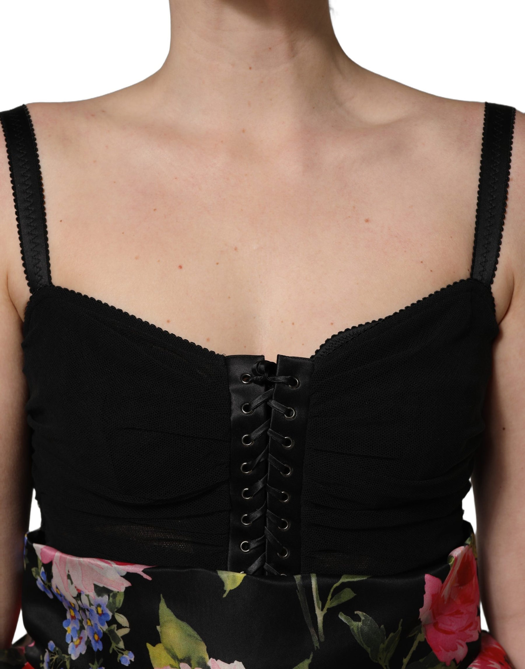 Dolce & Gabbana Black Sleeveless Bustier Floral Print Tiered Dress | Regal Royce